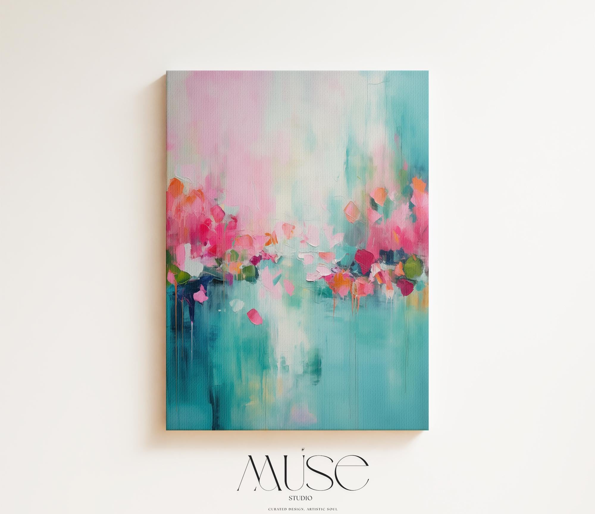 Vertical Abstract Canvas Art Soft Floral Abstract Pink Teal and Coral, Large Wall Decor Statement Art for Colorful Home Styling 206A