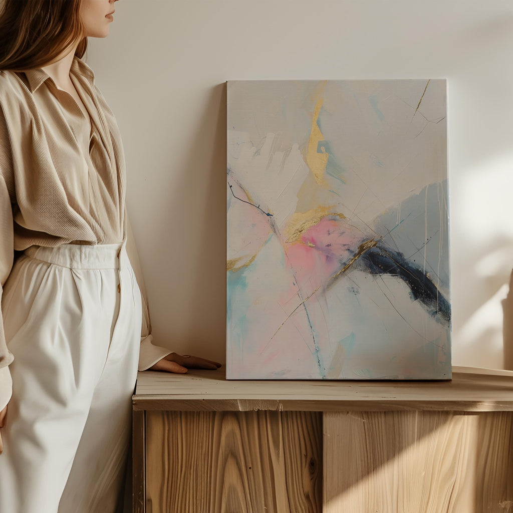 Gold and Blush Vertical Abstract Canvas Art, Soft Pastel Modern Wall Decor for Bedroom or Office, Elegant Statement Art for Home Styling 436