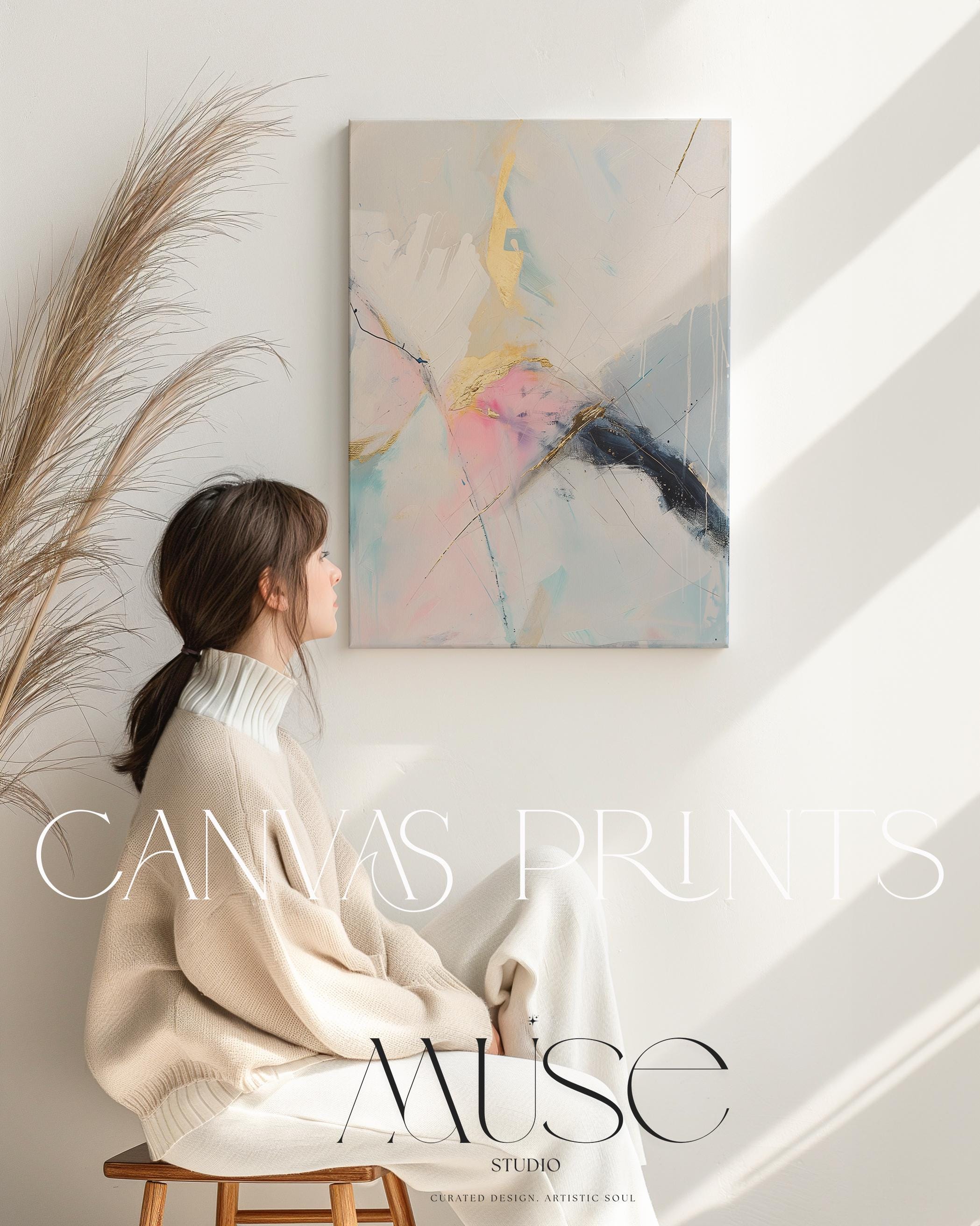 Gold and Blush Vertical Abstract Canvas Art, Soft Pastel Modern Wall Decor for Bedroom or Office, Elegant Statement Art for Home Styling 436