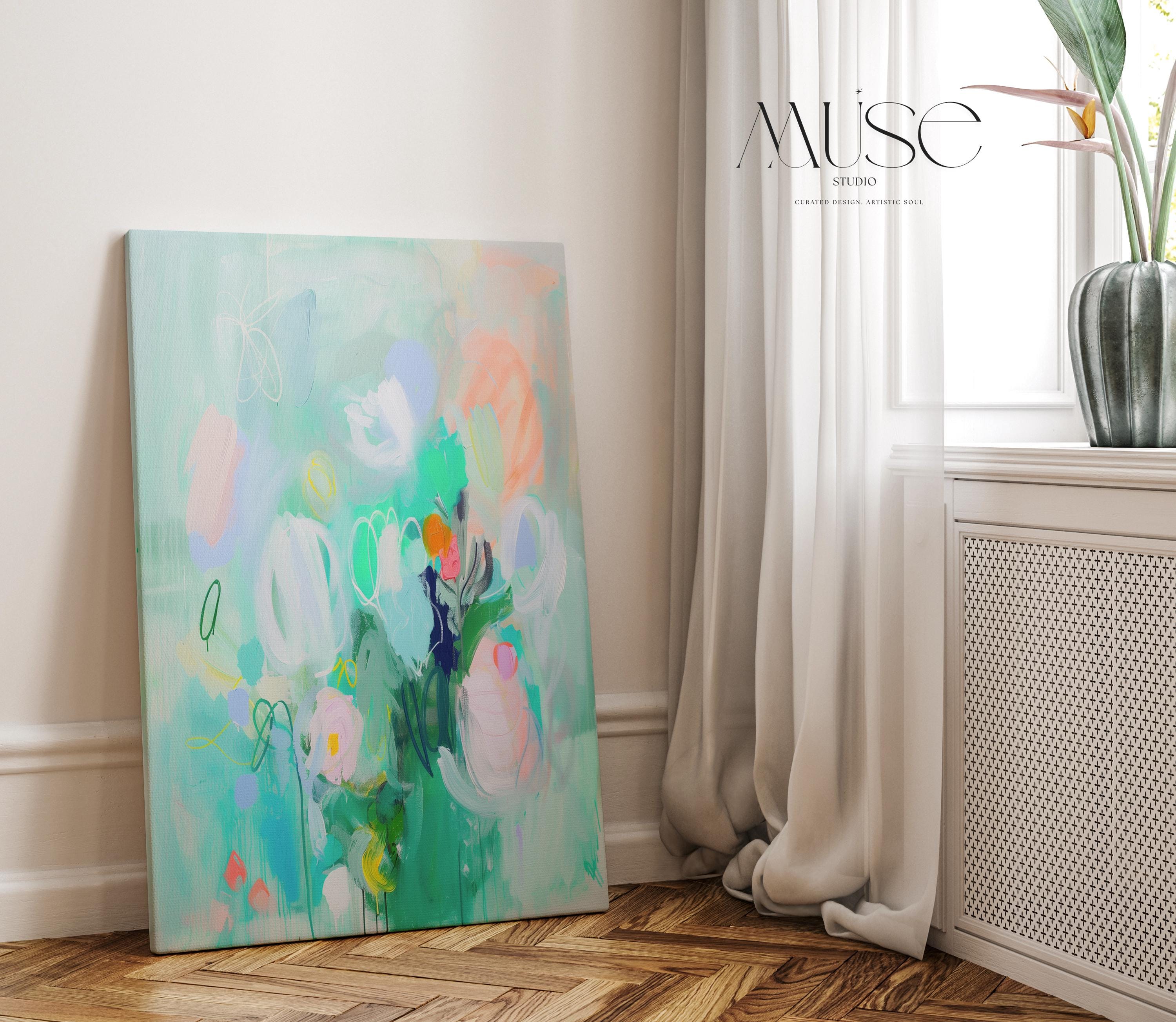 Whimsical Green Abstract Floral Canvas Art Colorful Vertical Wall Decor for Home Nursery Bright Pastel Statement Art for Home Styling 235 Large abstract wall decor on stretched canvas, gallery-wrapped and ready to hang. Perfect for colorful wall art in living rooms, office spaces, and design projects. Giclée canvas print with bold brushwork and vibrant modern style for impactful home decor. Muse Studio Decor Art.