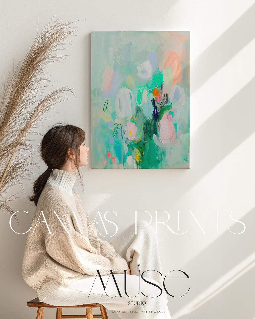 Whimsical Green Abstract Floral Canvas Art Colorful Vertical Wall Decor for Home Nursery Bright Pastel Statement Art for Home Styling 235 Large abstract wall decor on stretched canvas, gallery-wrapped and ready to hang. Perfect for colorful wall art in living rooms, office spaces, and design projects. Giclée canvas print with bold brushwork and vibrant modern style for impactful home decor. Muse Studio Decor Art.