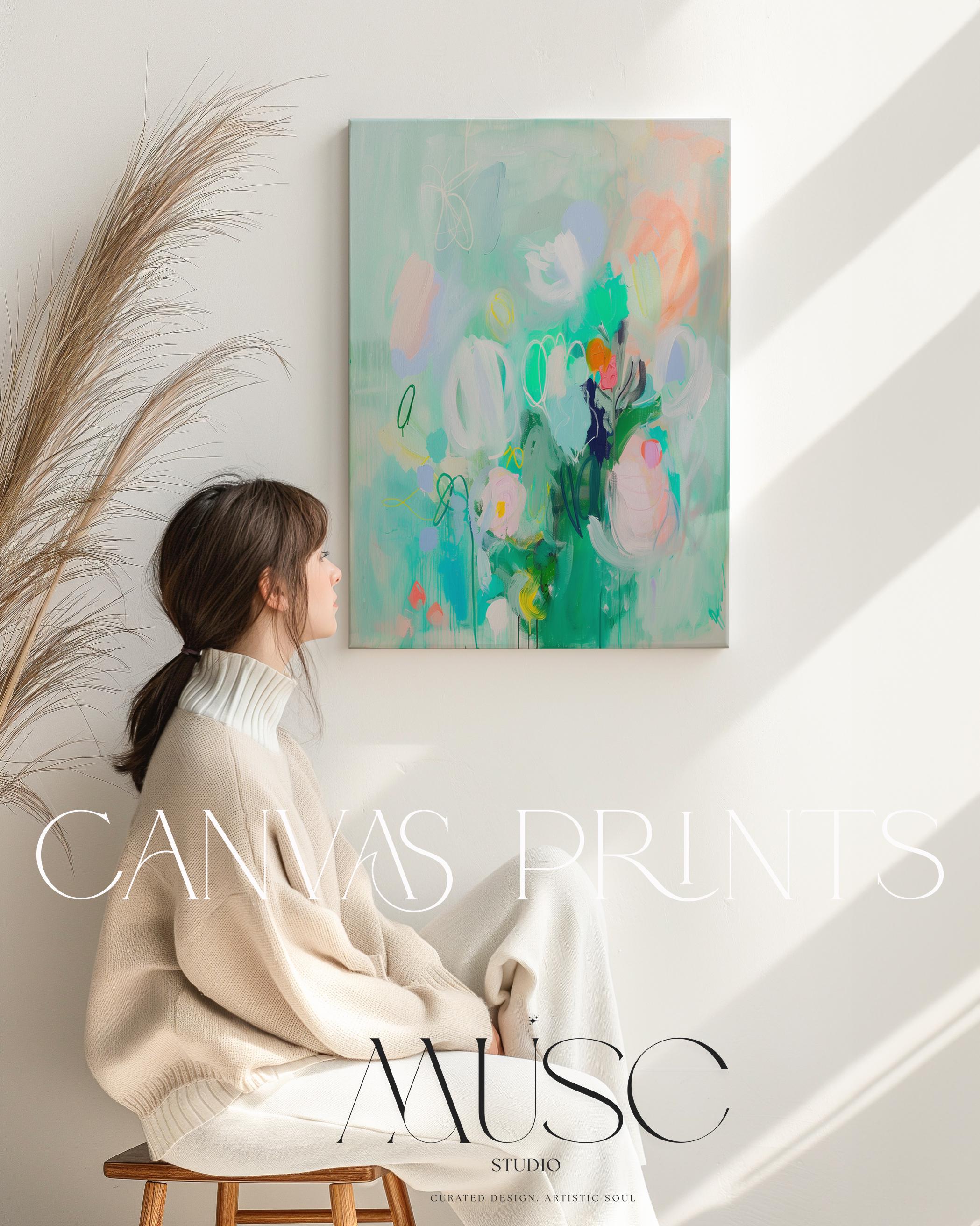 Whimsical Green Abstract Floral Canvas Art Colorful Vertical Wall Decor for Home Nursery Bright Pastel Statement Art for Home Styling 235 Large abstract wall decor on stretched canvas, gallery-wrapped and ready to hang. Perfect for colorful wall art in living rooms, office spaces, and design projects. Giclée canvas print with bold brushwork and vibrant modern style for impactful home decor. Muse Studio Decor Art.