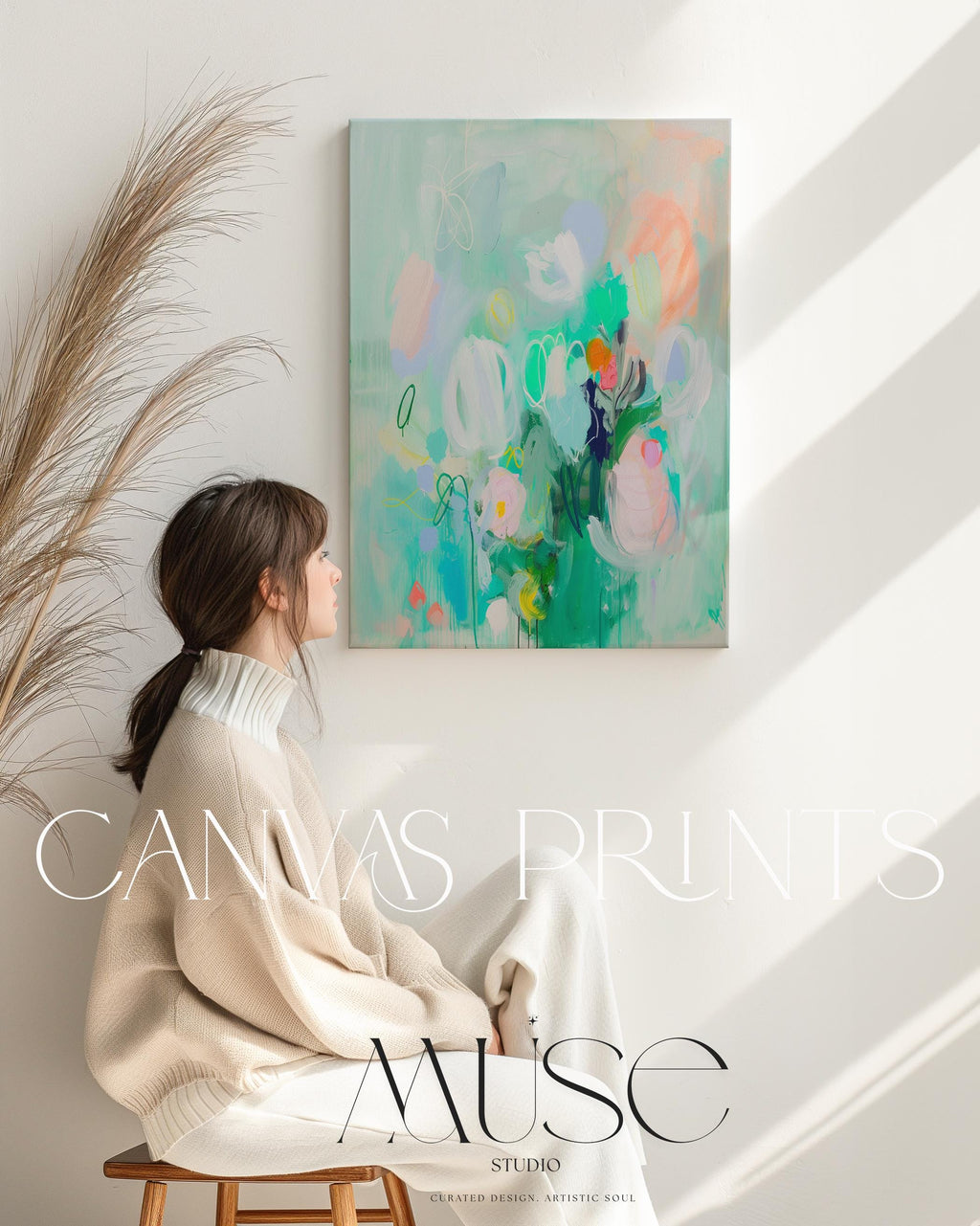 Whimsical Green Abstract Floral Canvas Art Colorful Vertical Wall Decor for Home Nursery Bright Pastel Statement Art for Home Styling 235 Large abstract wall decor on stretched canvas, gallery-wrapped and ready to hang. Perfect for colorful wall art in living rooms, office spaces, and design projects. Giclée canvas print with bold brushwork and vibrant modern style for impactful home decor. Muse Studio Decor Art.