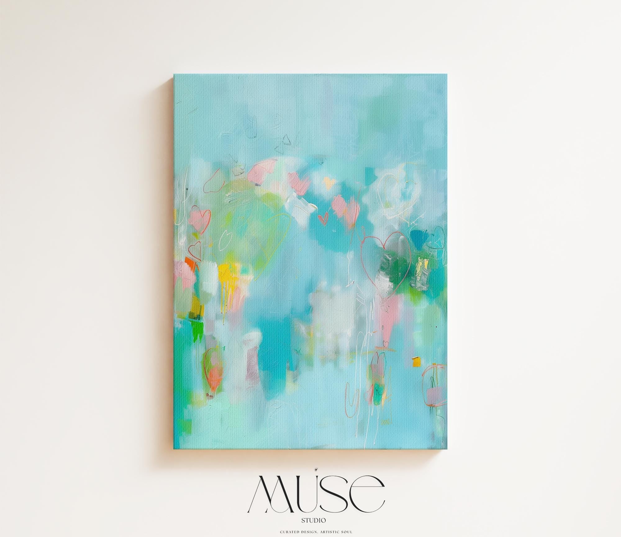 Turquoise Vertical Canvas Wall Art with Hearts Colorful Abstract Painting for Nursery Office Soft Whimsical Decor for Cheerful Interiors 237