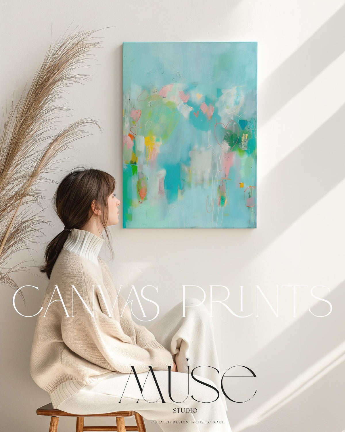 Turquoise Vertical Canvas Wall Art with Hearts Colorful Abstract Painting for Nursery Office Soft Whimsical Decor for Cheerful Interiors 237