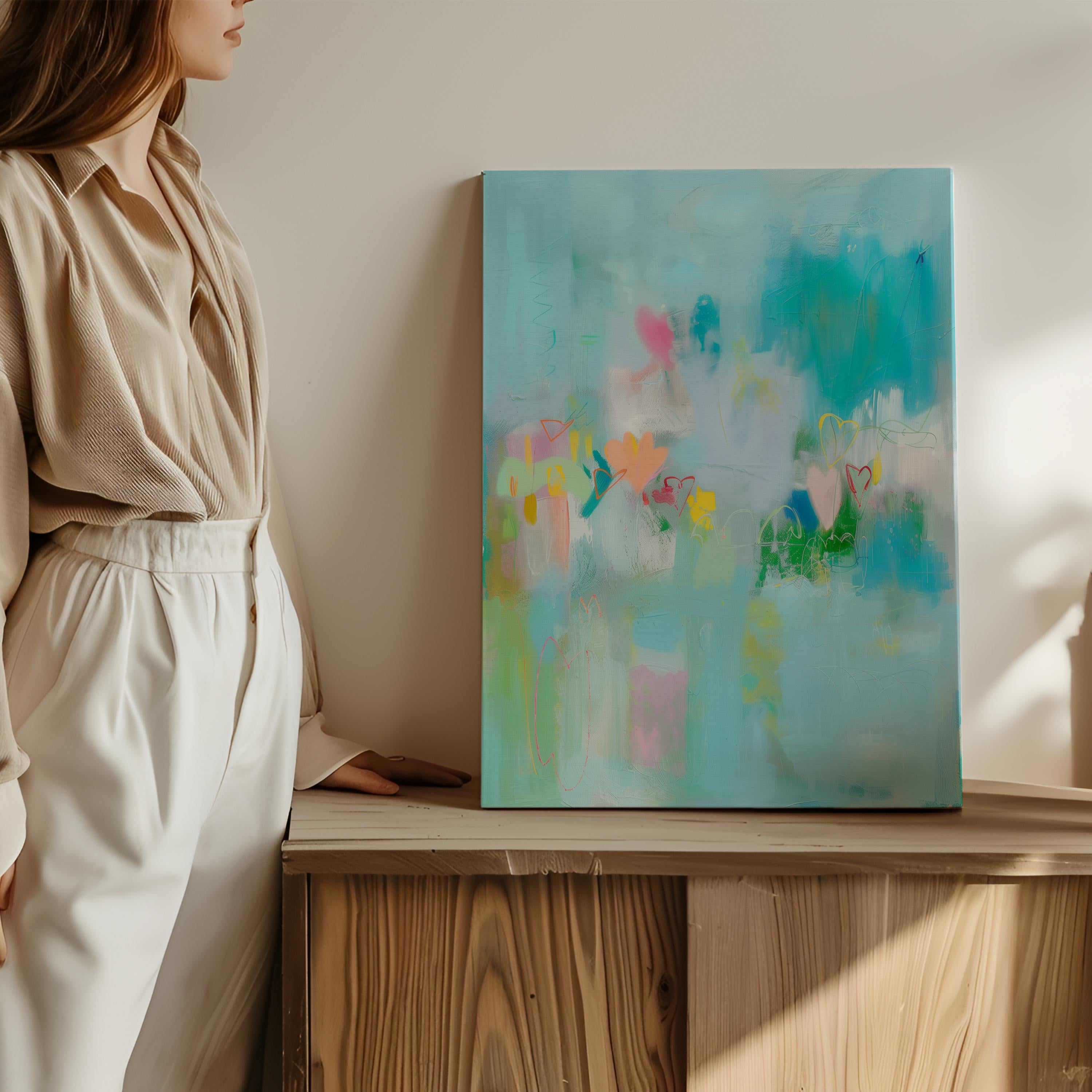 Aqua and Pastel Vertical Canvas Art Hearts Abstract Wall Decor for Nursery or Office Whimsical Modern Art Print for Bright Interiors 238