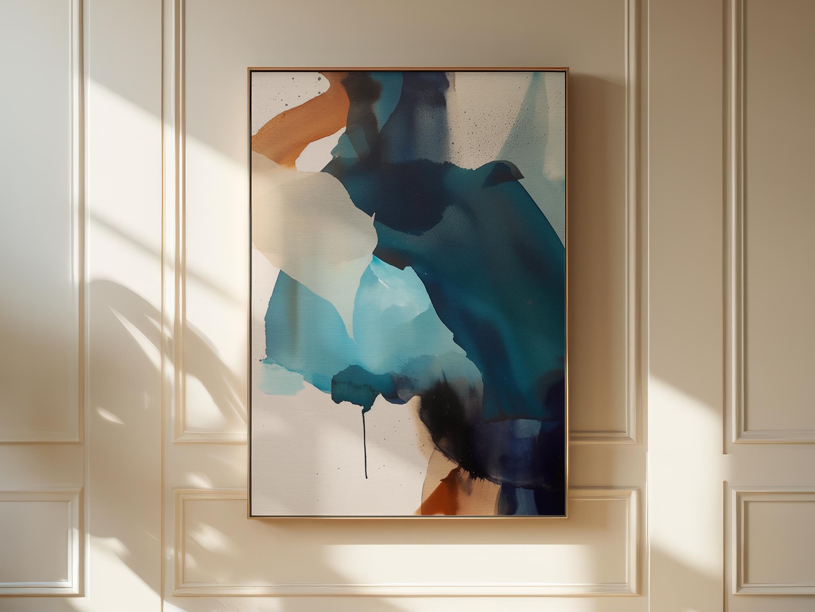 Framed Wall Art Modern Abstract Blue Teal Vertical Contemporary Bold Painting Minimalist Style Expressionist Artwork | Muse 445