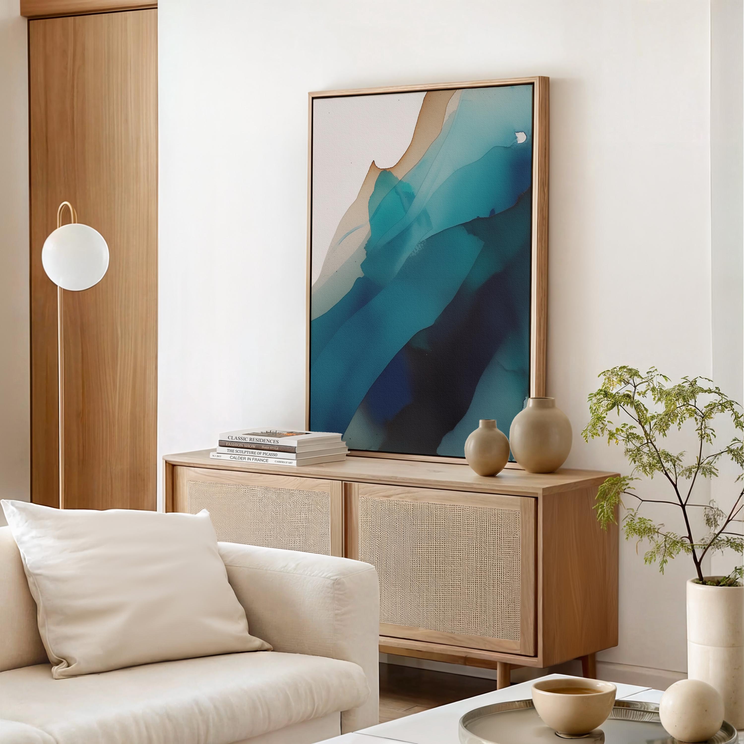 Coastal Modern Wall Art Teal Blue Canvas Vertical Abstract Painting Calm Contemporary Decor for Bedroom Living Room Office | Muse 446