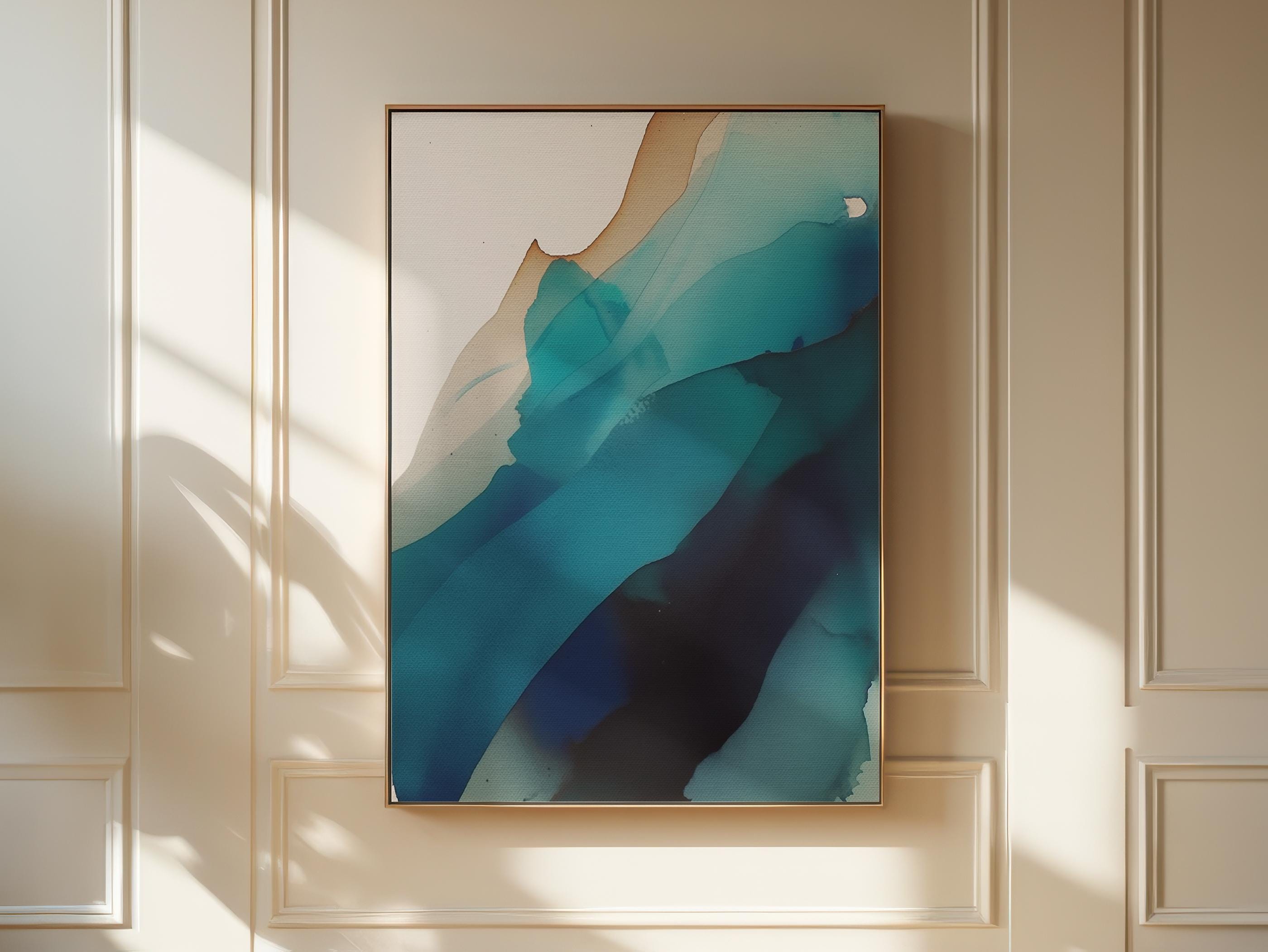 Coastal Modern Wall Art Teal Blue Canvas Vertical Abstract Painting Calm Contemporary Decor for Bedroom Living Room Office | Muse 446