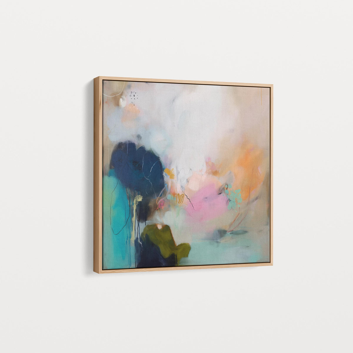 Soft Abstract Wall Art in Teal Blush Green and Sandy Beige Modern Large Canvas Painting for Living Room Bedroom or Office Decor | Muse 448 Framed Canvas Art Colorful abstract wall art on framed canvas, perfect for bold decor art and modern wall decor. Large statement piece with expressive brushstrokes and rich textures. Ready-to-hang giclée canvas designed to energize living rooms, offices, and curated interiors. Muse Studio Decor Art.