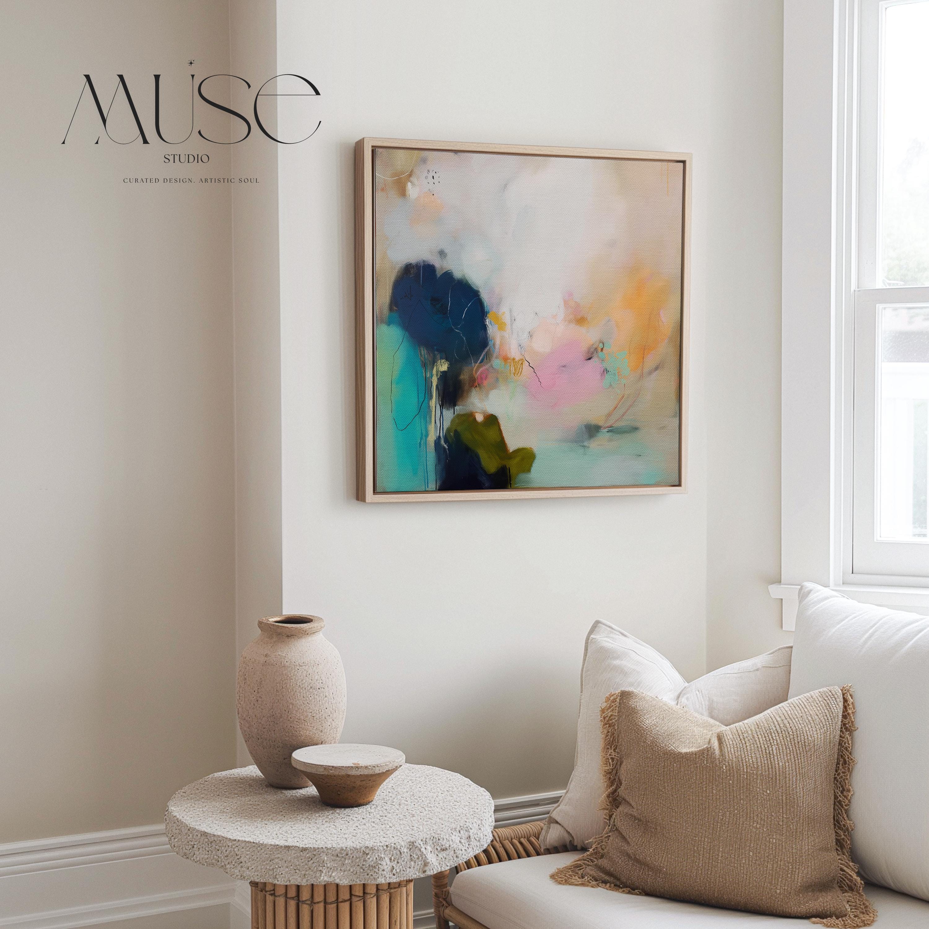 Soft Abstract Wall Art in Teal Blush Green and Sandy Beige Modern Large Canvas Painting for Living Room Bedroom or Office Decor | Muse 448 Framed Canvas Art Colorful abstract wall art on framed canvas, perfect for bold decor art and modern wall decor. Large statement piece with expressive brushstrokes and rich textures. Ready-to-hang giclée canvas designed to energize living rooms, offices, and curated interiors. Muse Studio Decor Art.