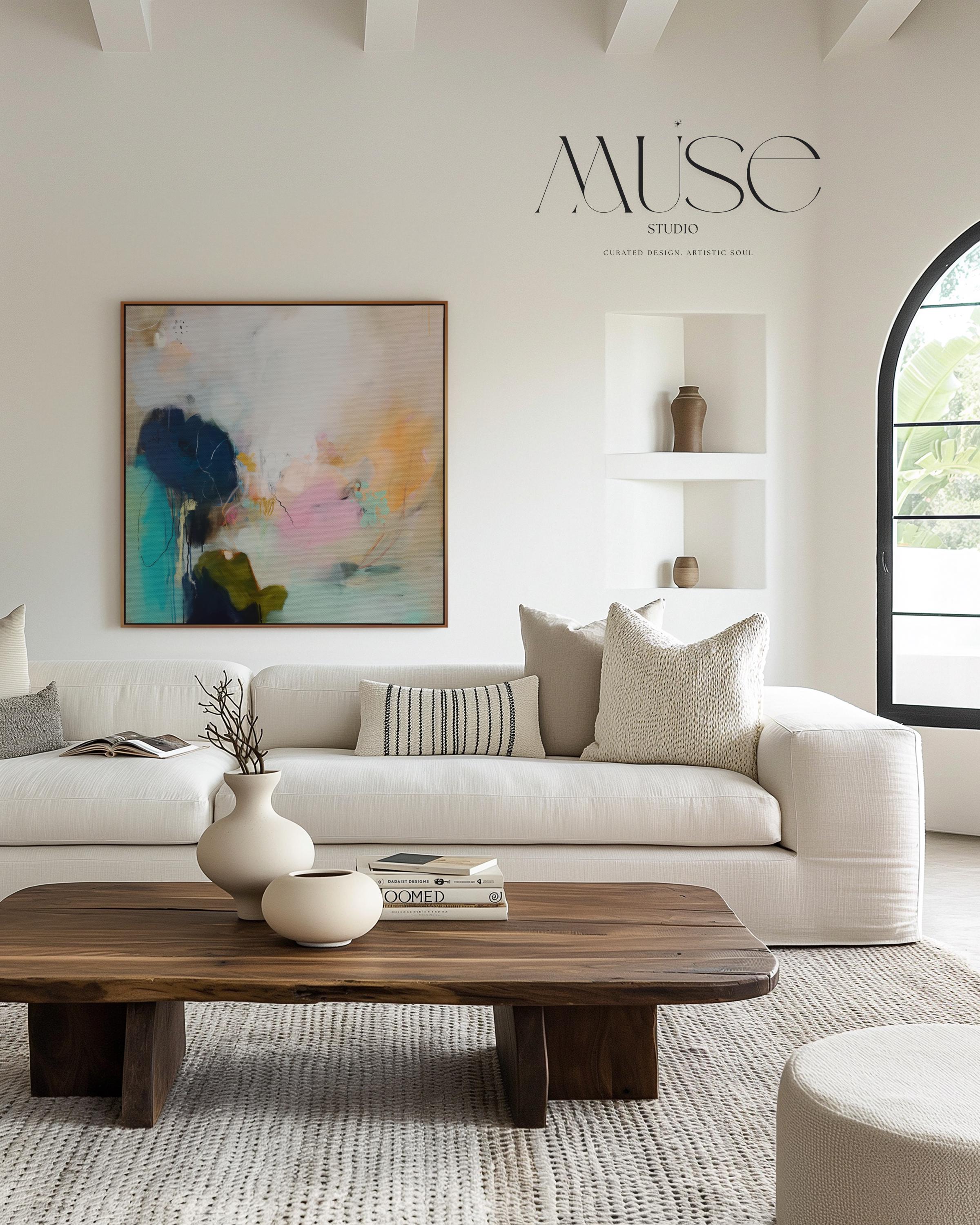 Soft Abstract Wall Art in Teal Blush Green and Sandy Beige Modern Large Canvas Painting for Living Room Bedroom or Office Decor | Muse 448 Framed Canvas Art Colorful abstract wall art on framed canvas, perfect for bold decor art and modern wall decor. Large statement piece with expressive brushstrokes and rich textures. Ready-to-hang giclée canvas designed to energize living rooms, offices, and curated interiors. Muse Studio Decor Art.