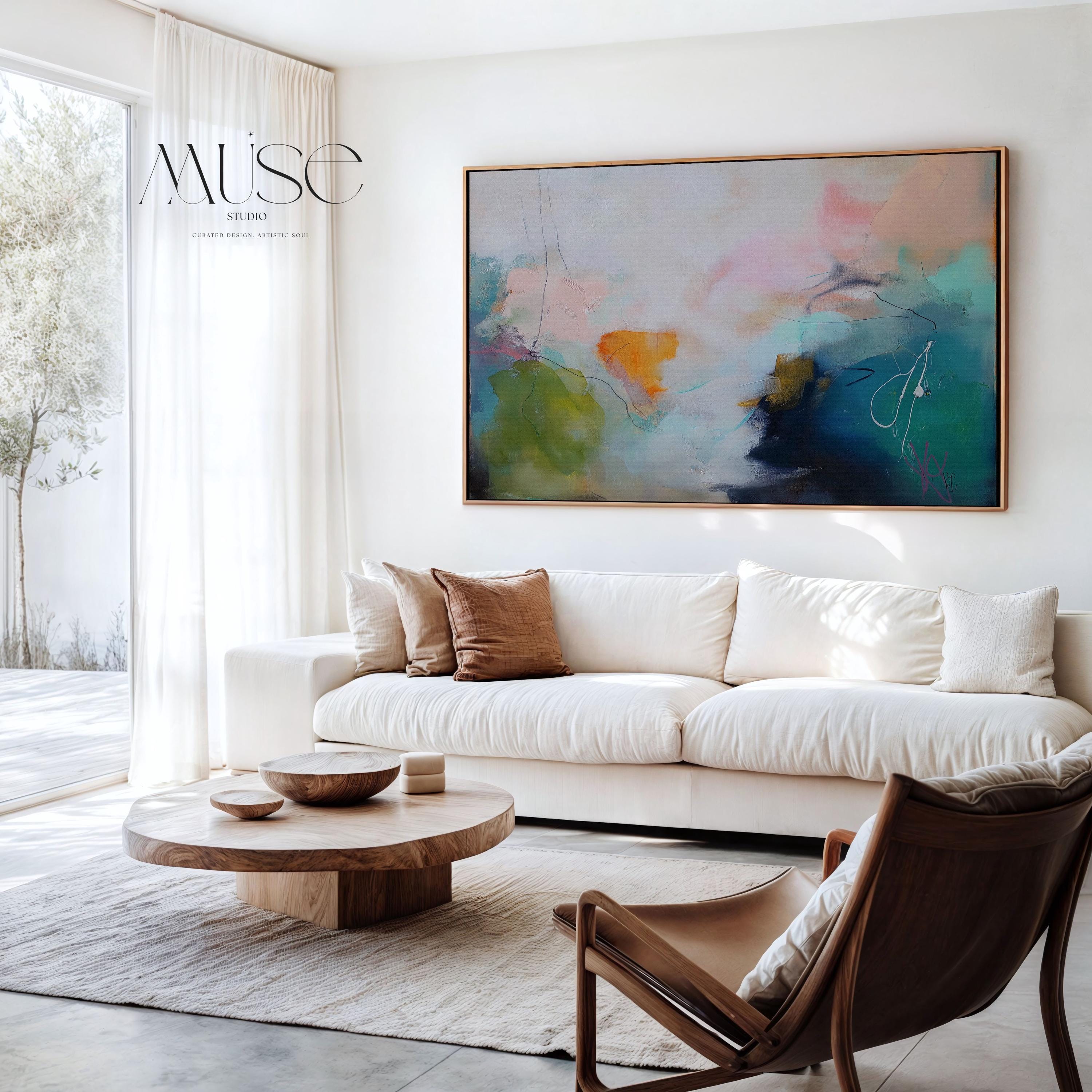 Soft Abstract Wall Art in Green Teal Blue and Blush Modern Large Canvas Painting for Living Room Bedroom or Office Decor | Muse 449