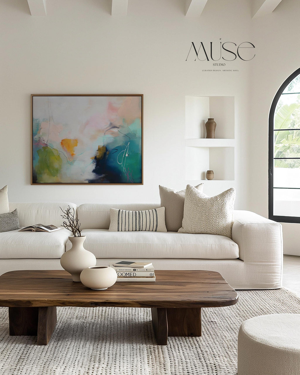 Soft Abstract Wall Art in Green Teal Blue and Blush Modern Large Canvas Painting for Living Room Bedroom or Office Decor | Muse 449