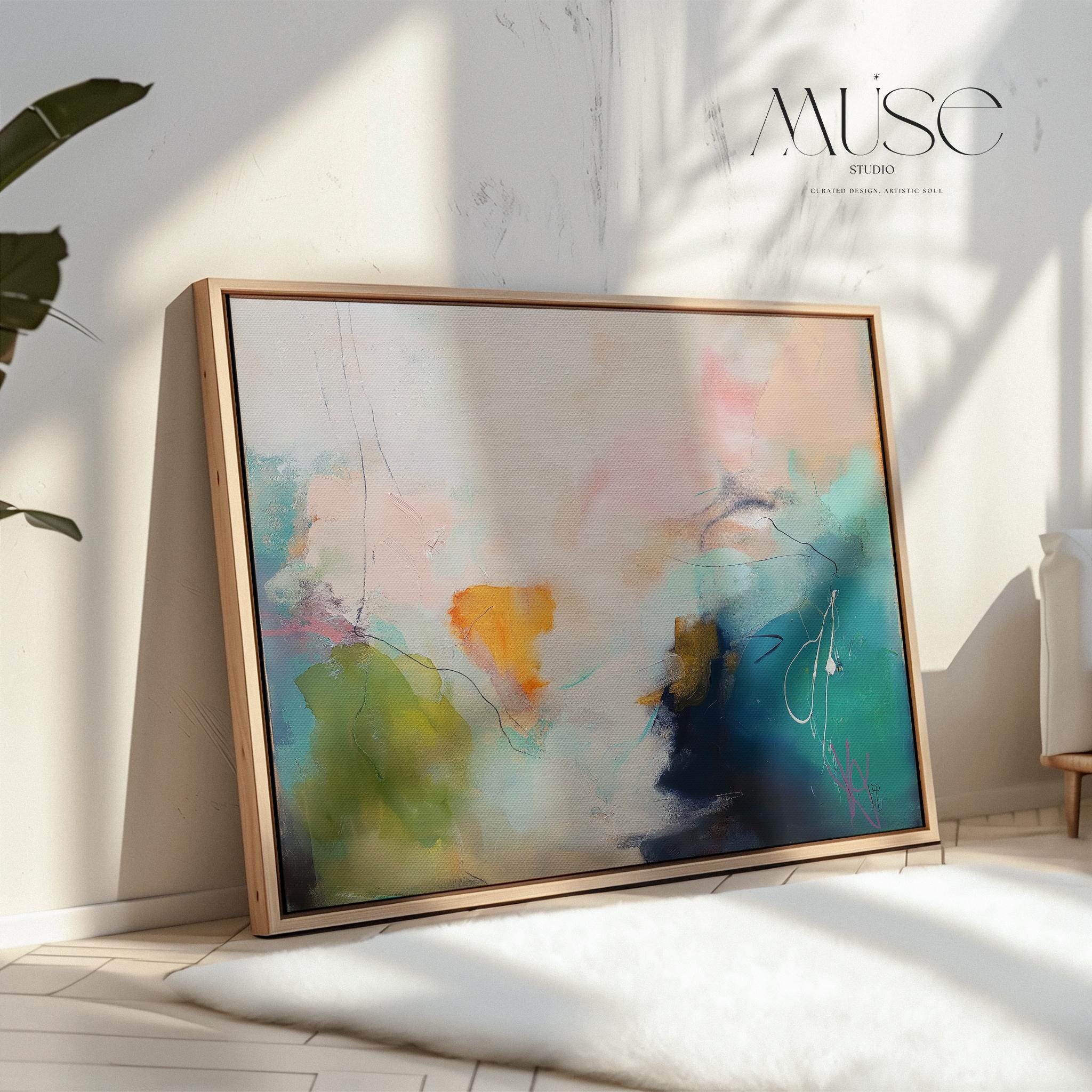 Soft Abstract Wall Art in Green Teal Blue and Blush Modern Large Canvas Painting for Living Room Bedroom or Office Decor | Muse 449 Framed Canvas Art Colorful abstract wall art on framed canvas, perfect for bold decor art and modern wall decor. Large statement piece with expressive brushstrokes and rich textures. Ready-to-hang giclée canvas designed to energize living rooms, offices, and curated interiors. Muse Studio Decor Art.