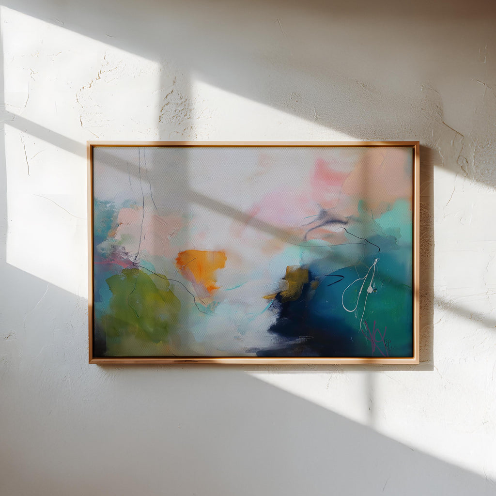 Soft Abstract Wall Art in Green Teal Blue and Blush Modern Large Canvas Painting for Living Room Bedroom or Office Decor | Muse 449
