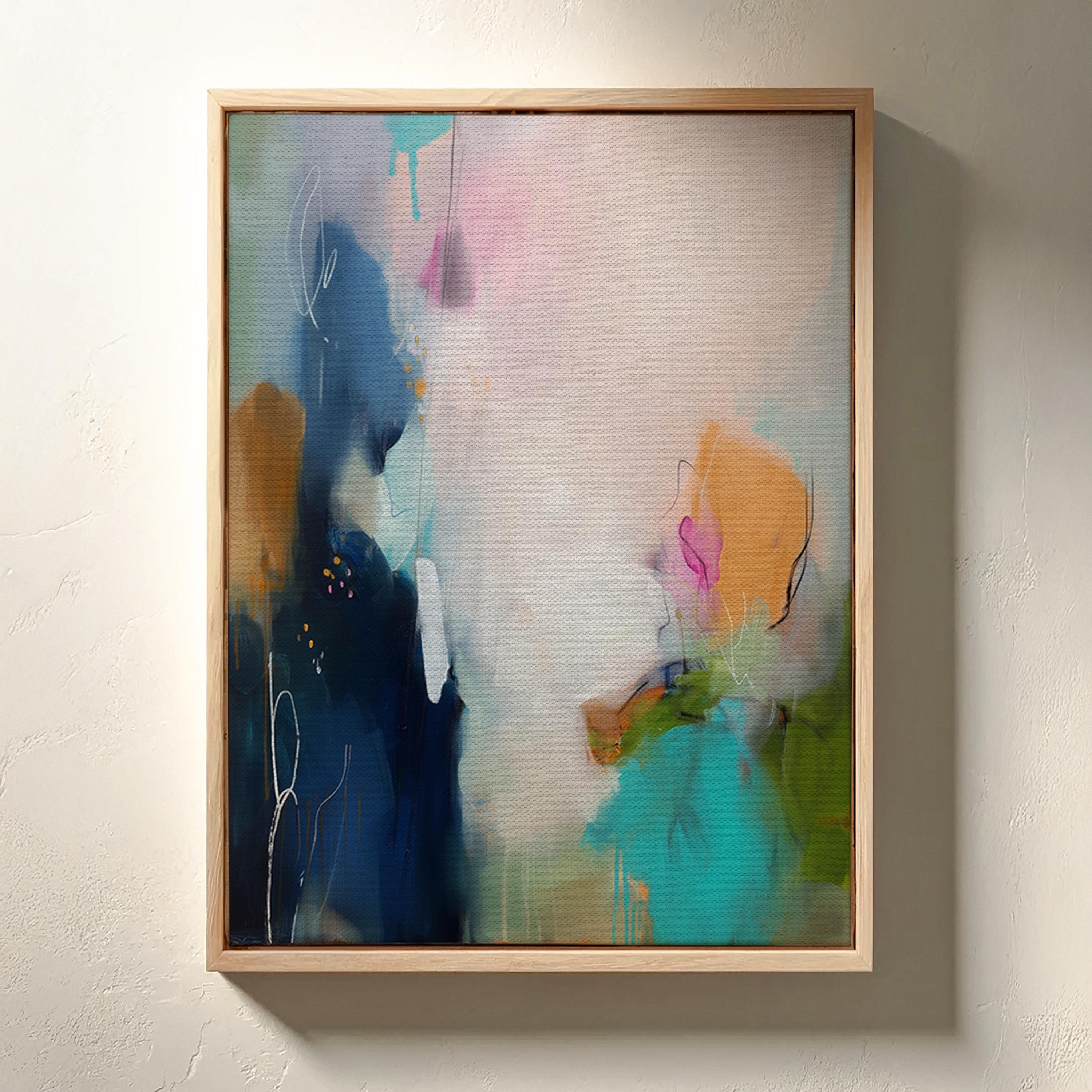 Soft Abstract Wall Art in Navy Teal Blush and Green Modern Vertical Canvas Painting for Living Room Bedroom or Office Decor | Aurora 450 Framed Canvas Art Colorful abstract wall art on framed canvas, perfect for bold decor art and modern wall decor. Large statement piece with expressive brushstrokes and rich textures. Ready-to-hang giclée canvas designed to energize living rooms, offices, and curated interiors. Muse Studio Decor Art.