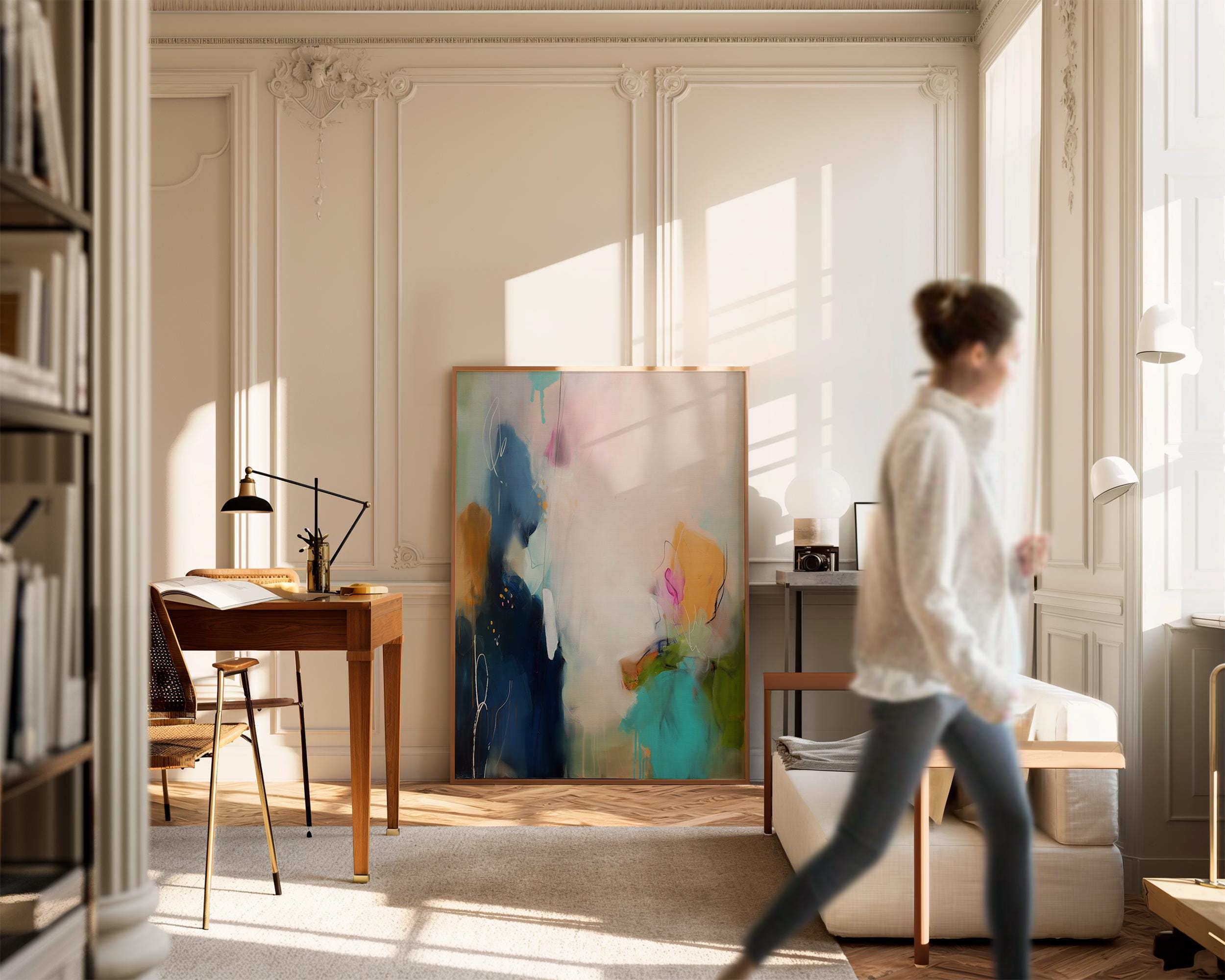 Soft Abstract Wall Art in Navy Teal Blush and Green Modern Vertical Canvas Painting for Living Room Bedroom or Office Decor | Aurora 450 Framed Canvas Art Colorful abstract wall art on framed canvas, perfect for bold decor art and modern wall decor. Large statement piece with expressive brushstrokes and rich textures. Ready-to-hang giclée canvas designed to energize living rooms, offices, and curated interiors. Muse Studio Decor Art.