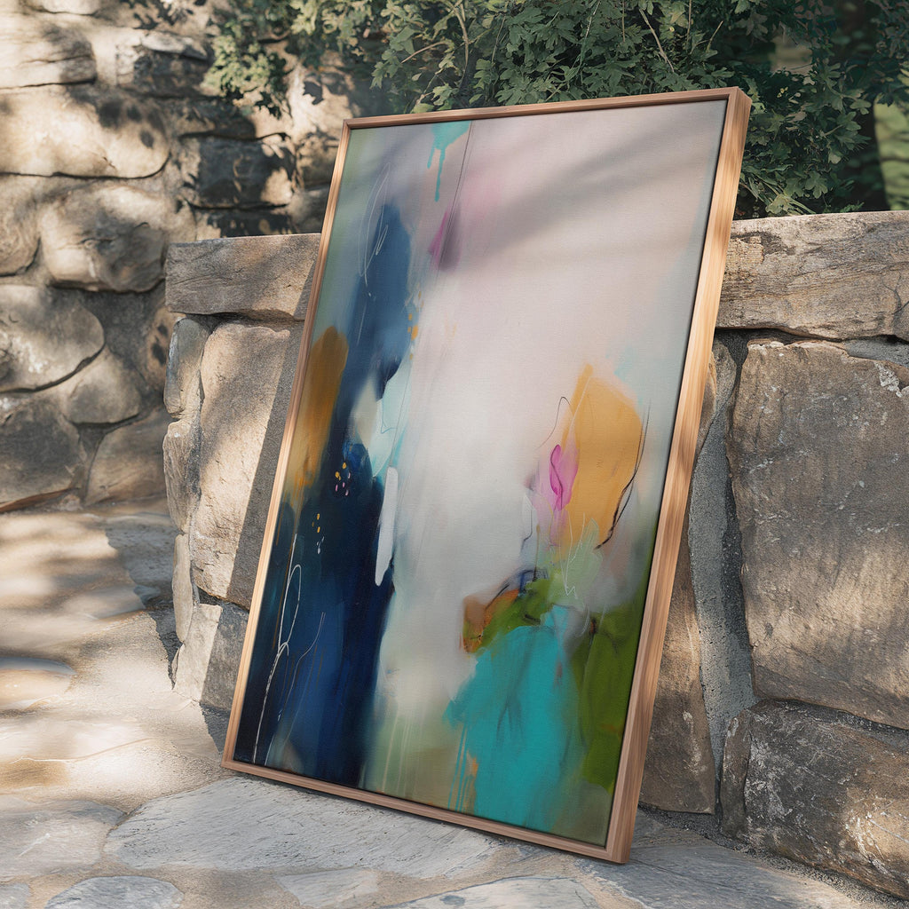 Soft Abstract Wall Art in Navy Teal Blush and Green Modern Vertical Canvas Painting for Living Room Bedroom or Office Decor | Aurora 450 Framed Canvas Art Colorful abstract wall art on framed canvas, perfect for bold decor art and modern wall decor. Large statement piece with expressive brushstrokes and rich textures. Ready-to-hang giclée canvas designed to energize living rooms, offices, and curated interiors. Muse Studio Decor Art.