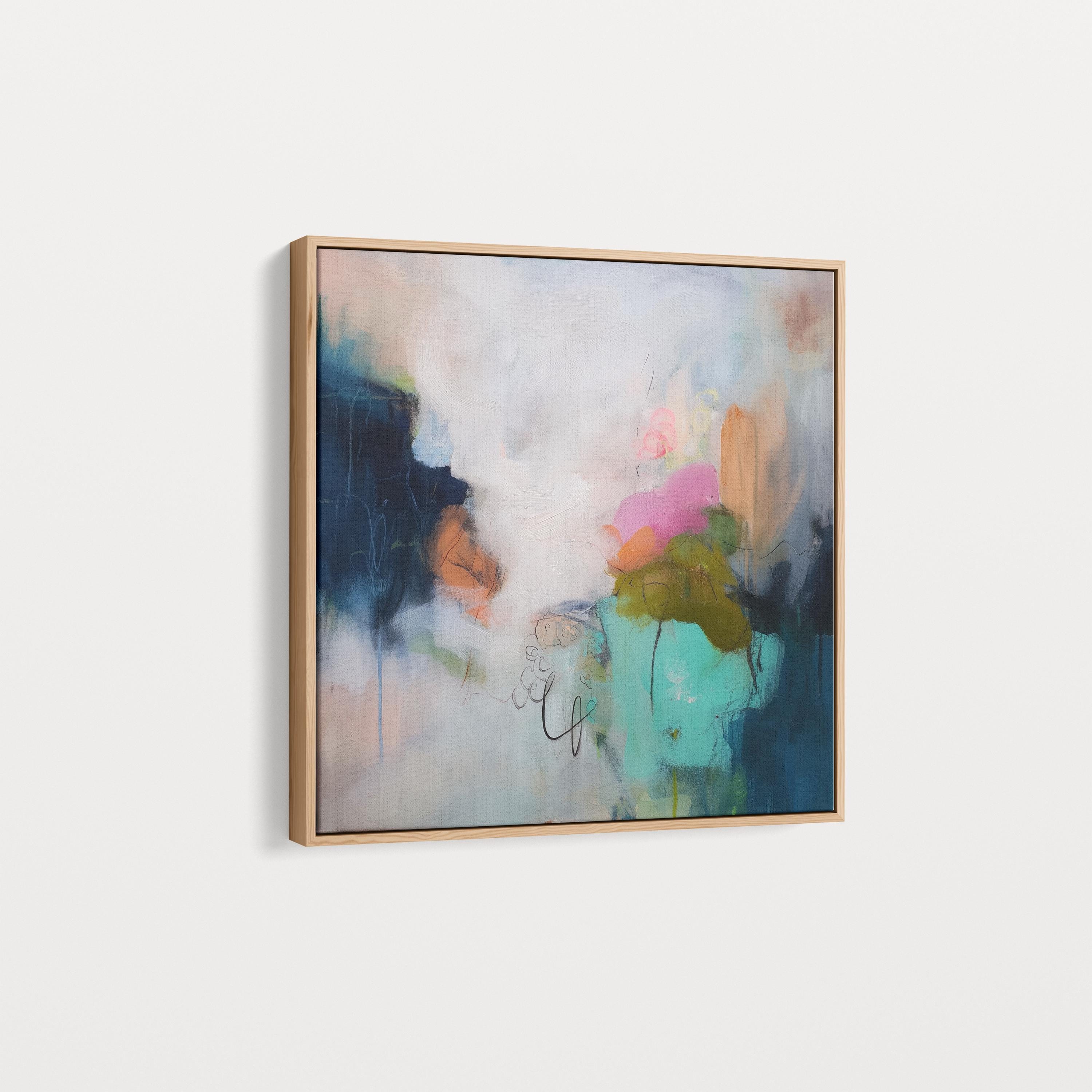 Soft Abstract Wall Art in Blush Pink Green and Navy Modern Square Canvas Painting for Living Room Bedroom or Office Decor | Muse 451 Framed Canvas Art Colorful abstract wall art on framed canvas, perfect for bold decor art and modern wall decor. Large statement piece with expressive brushstrokes and rich textures. Ready-to-hang giclée canvas designed to energize living rooms, offices, and curated interiors. Muse Studio Decor Art.