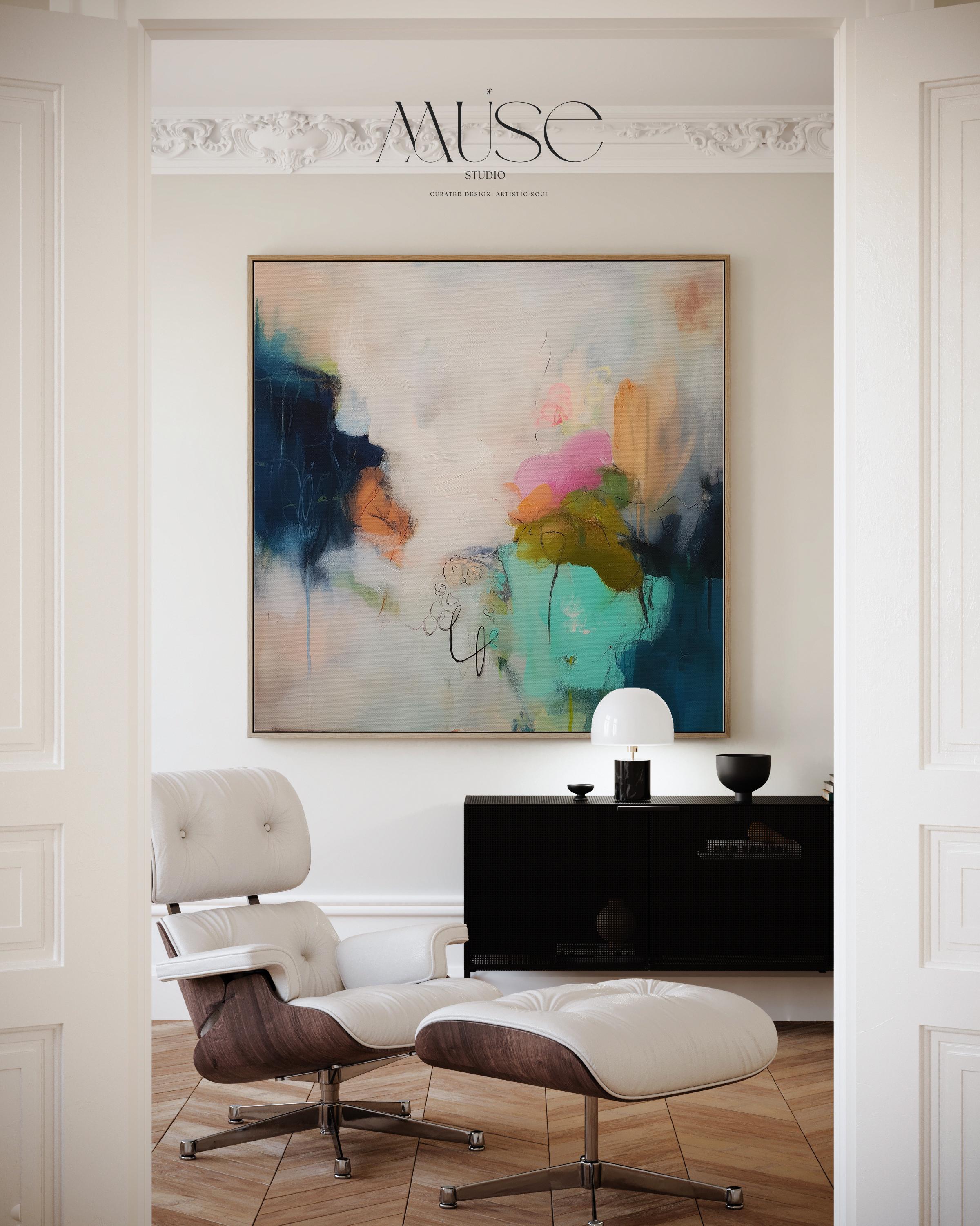 Soft Abstract Wall Art in Blush Pink Green and Navy Modern Square Canvas Painting for Living Room Bedroom or Office Decor | Muse 451 Room Staging Colorful abstract wall decor styled in a modern neutral home. Large statement wall art displayed in living room, bedroom, or office spaces. Vibrant canvas or giclée decor art adds bold visual impact to contemporary interiors, ideal for home staging, office design, and curated spaces. Muse Studio Decor Art.