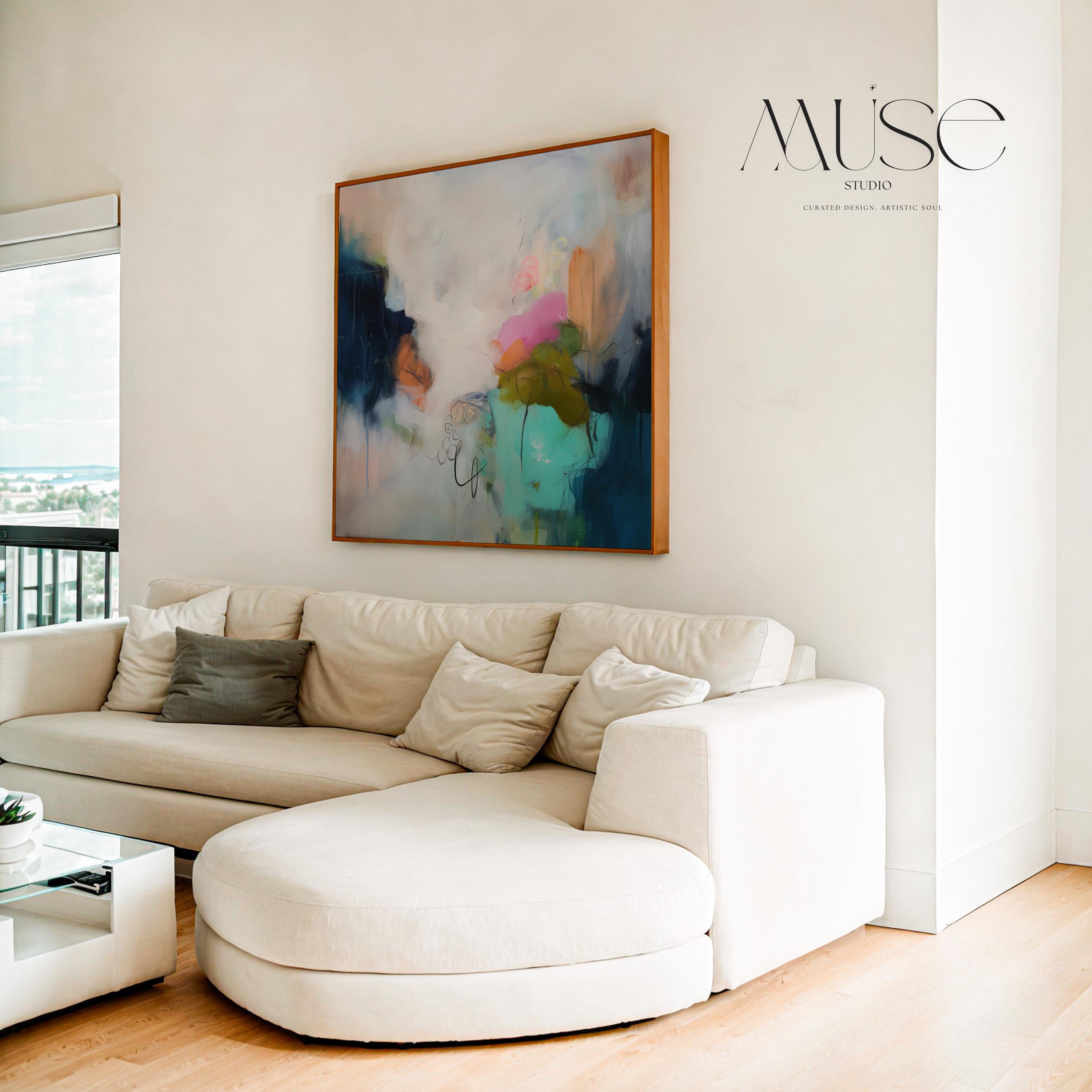 Soft Abstract Wall Art in Blush Pink Green and Navy Modern Square Canvas Painting for Living Room Bedroom or Office Decor | Muse 451