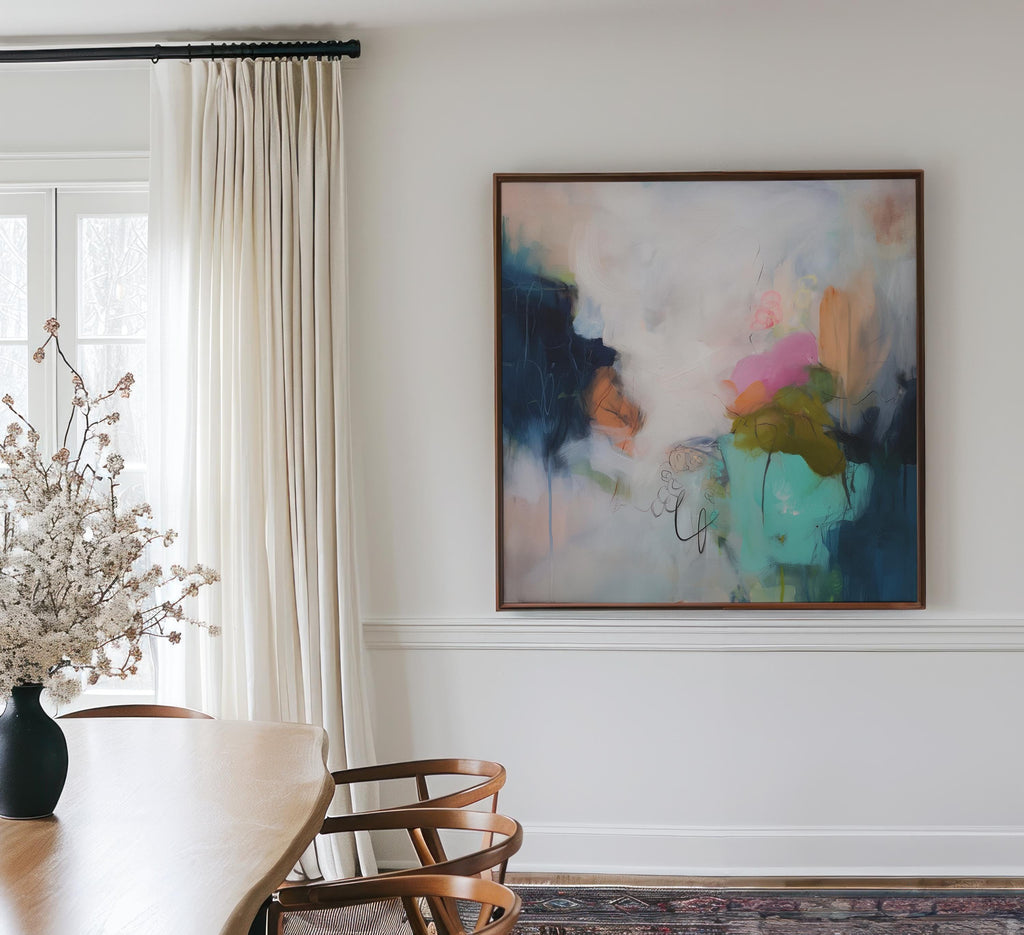 Soft Abstract Wall Art in Blush Pink Green and Navy Modern Square Canvas Painting for Living Room Bedroom or Office Decor | Muse 451 Framed Canvas Art Colorful abstract wall art on framed canvas, perfect for bold decor art and modern wall decor. Large statement piece with expressive brushstrokes and rich textures. Ready-to-hang giclée canvas designed to energize living rooms, offices, and curated interiors. Muse Studio Decor Art.