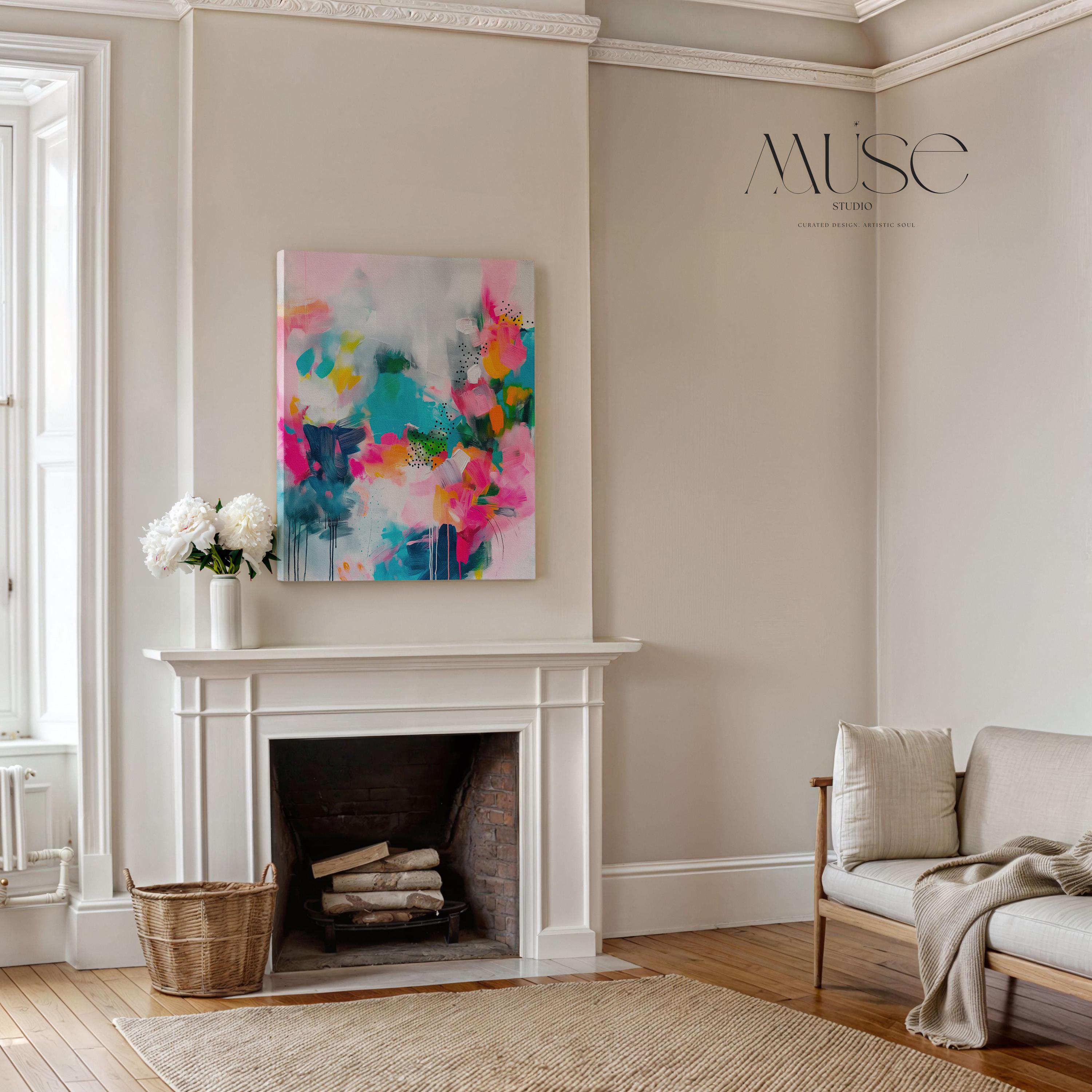 Vibrant Vertical Canvas Wall Art in Pink and Teal, Abstract Floral Painting for Home or Office, Bold Colorful Dopamine Decor Print 255 Room Staging 
Colorful abstract wall decor styled in a modern neutral home. Large statement wall art displayed in living room, bedroom, or office spaces. Vibrant canvas or giclée decor art adds bold visual impact to contemporary interiors, ideal for home staging, office design, and curated spaces. Muse Studio Decor Art.