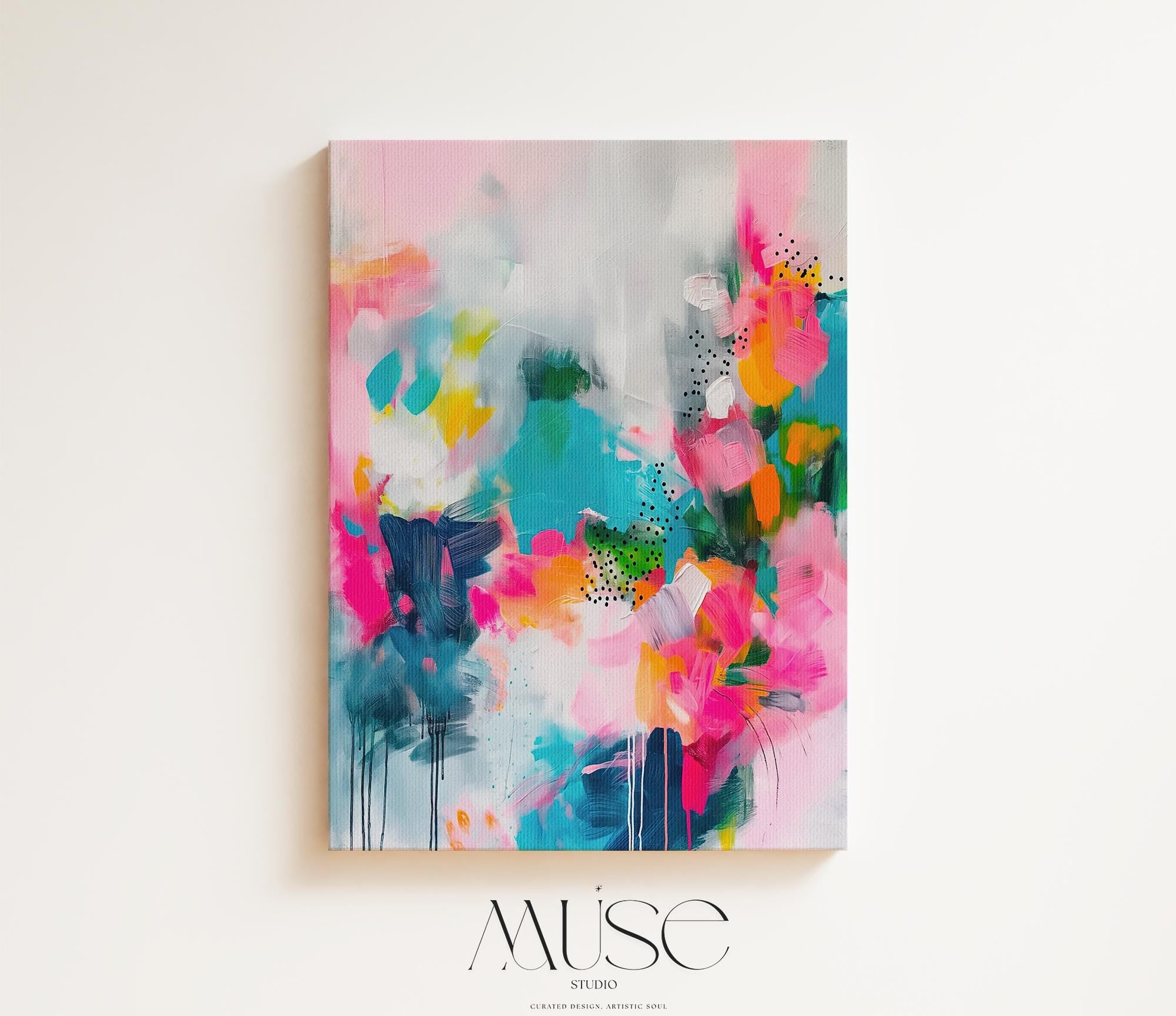 Vibrant Vertical Canvas Wall Art in Pink and Teal, Abstract Floral Painting for Home or Office, Bold Colorful Dopamine Decor Print 255 Stretched Canvas Art 
Large abstract wall decor on stretched canvas, gallery-wrapped and ready to hang. Perfect for colorful wall art in living rooms, office spaces, and design projects. Giclée canvas print with bold brushwork and vibrant modern style for impactful home decor. Muse Studio Decor Art.
