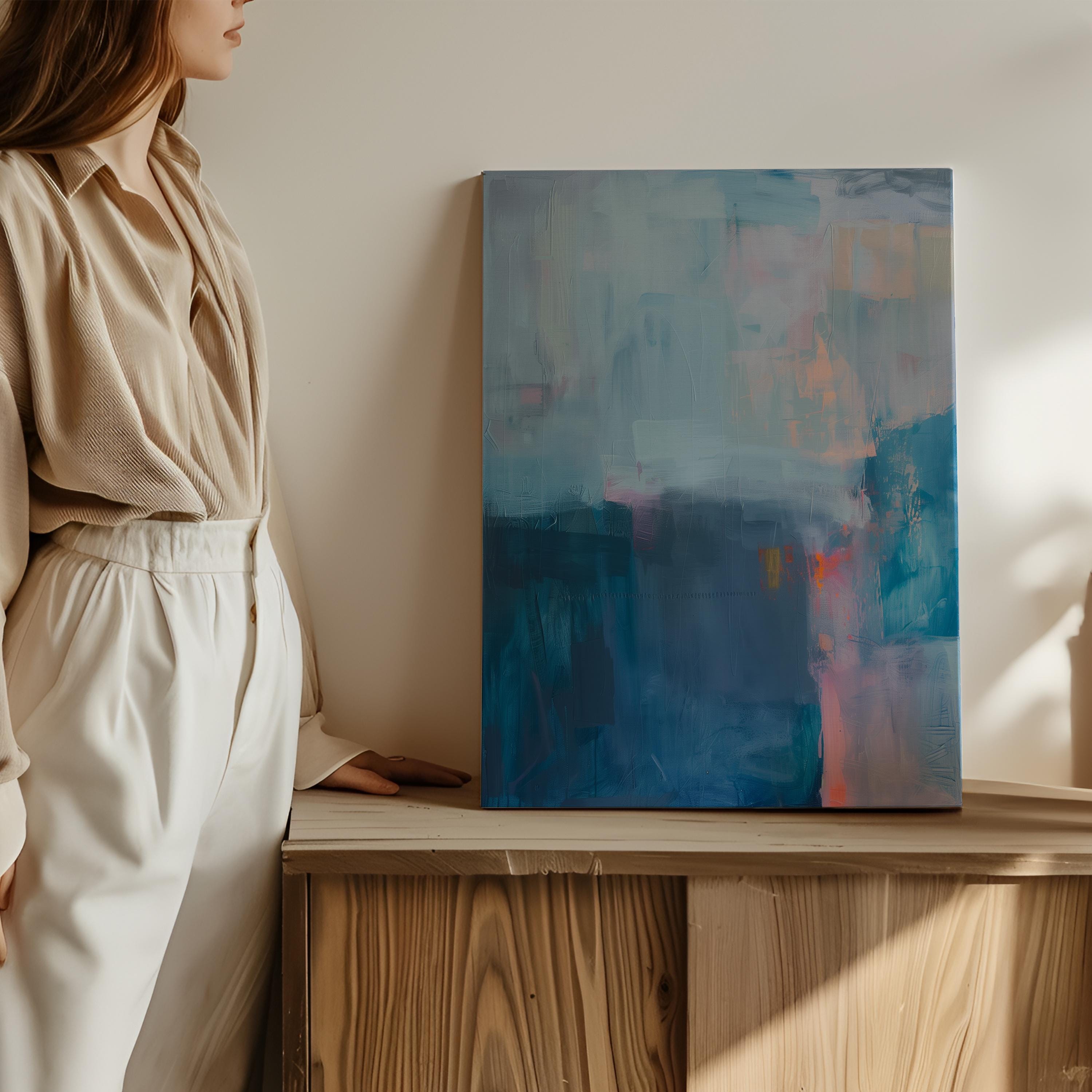 Modern Vertical Canvas Wall Art in Blue and Mauve Abstract Painting Print for Office or Living Room Soft Moody Decor Curated Interiors 262