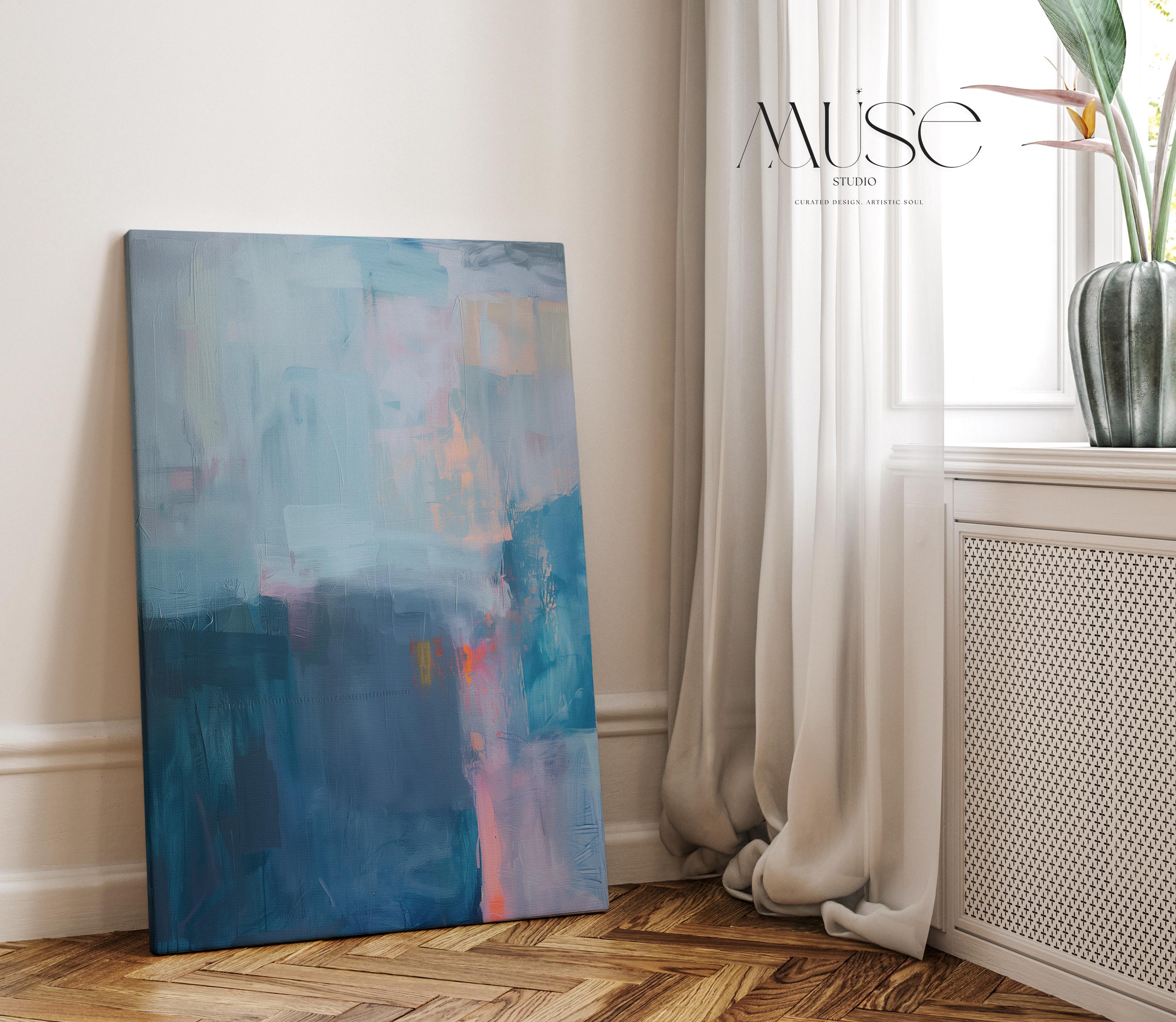 Modern Vertical Canvas Wall Art in Blue and Mauve Abstract Painting Print for Office or Living Room Soft Moody Decor Curated Interiors 262