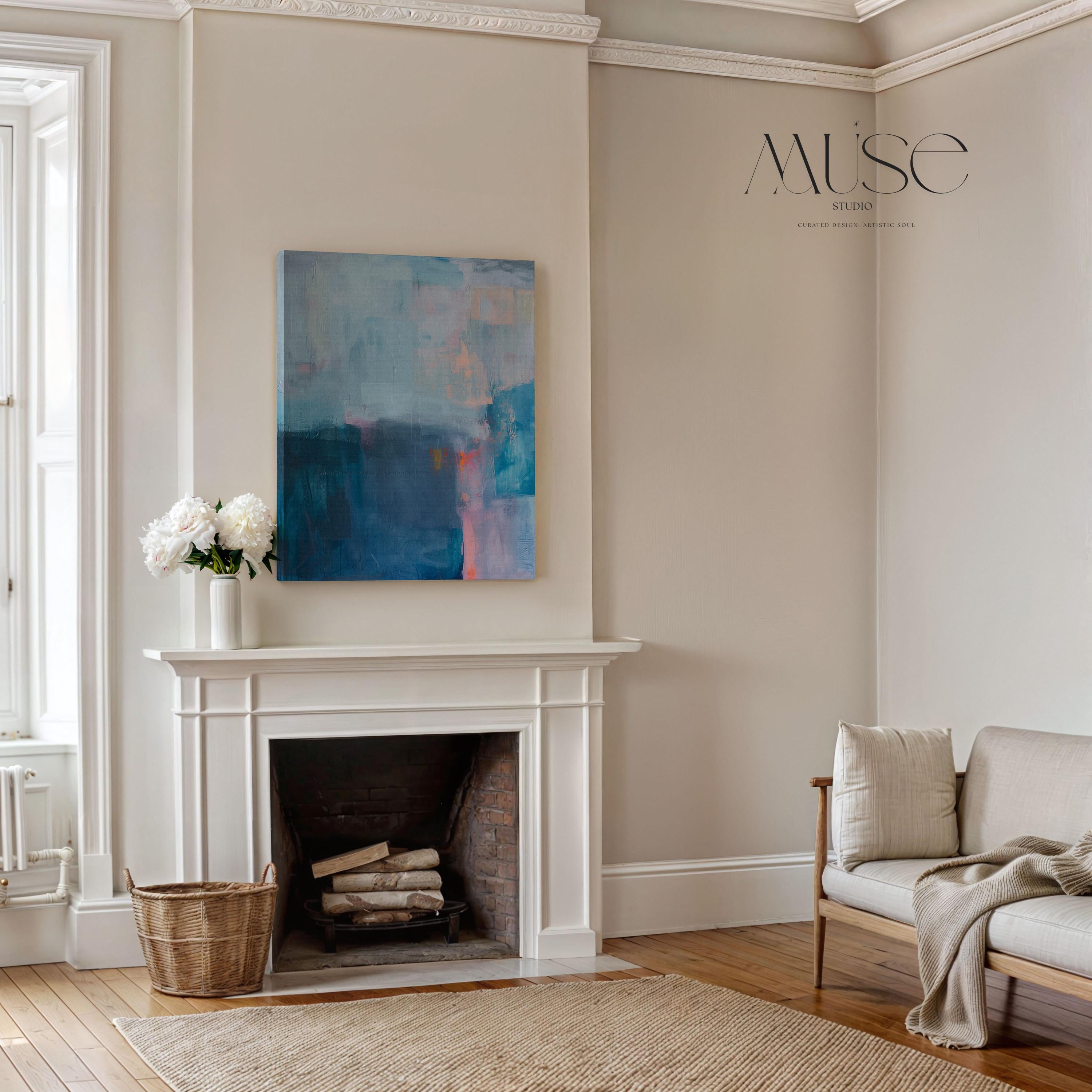 Modern Vertical Canvas Wall Art in Blue and Mauve Abstract Painting Print for Office or Living Room Soft Moody Decor Curated Interiors 262