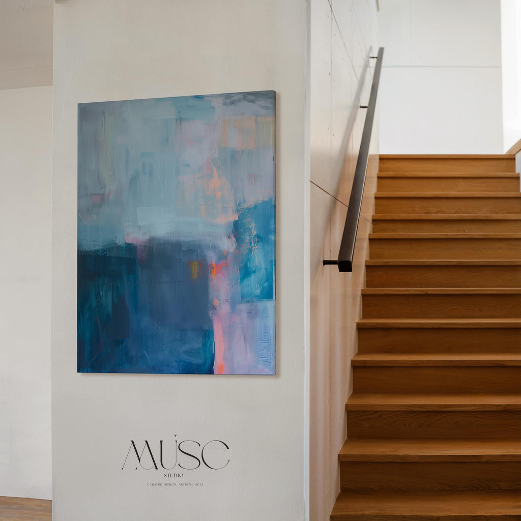 Modern Vertical Canvas Wall Art in Blue and Mauve Abstract Painting Print for Office or Living Room Soft Moody Decor Curated Interiors 262