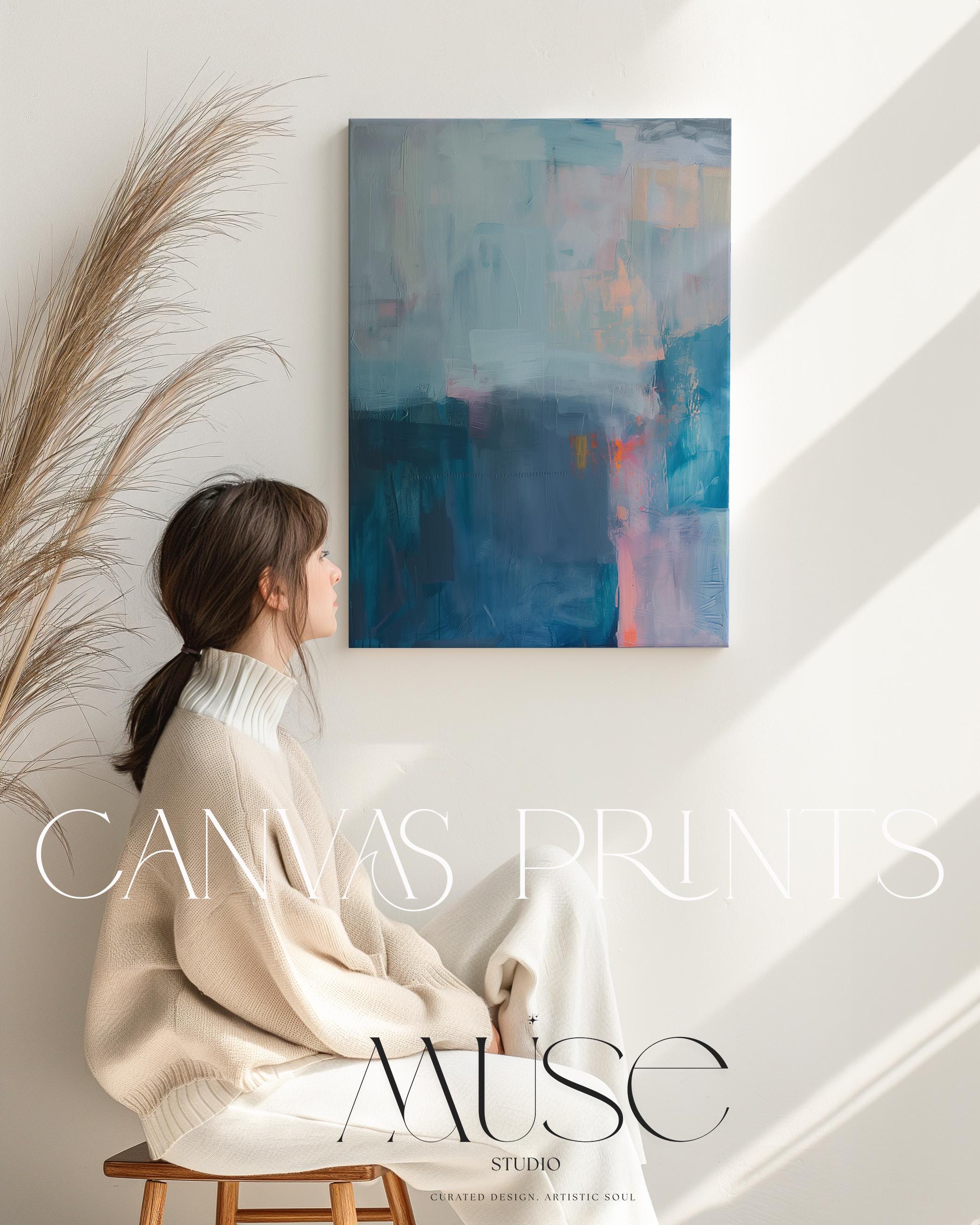 Modern Vertical Canvas Wall Art in Blue and Mauve Abstract Painting Print for Office or Living Room Soft Moody Decor Curated Interiors 262