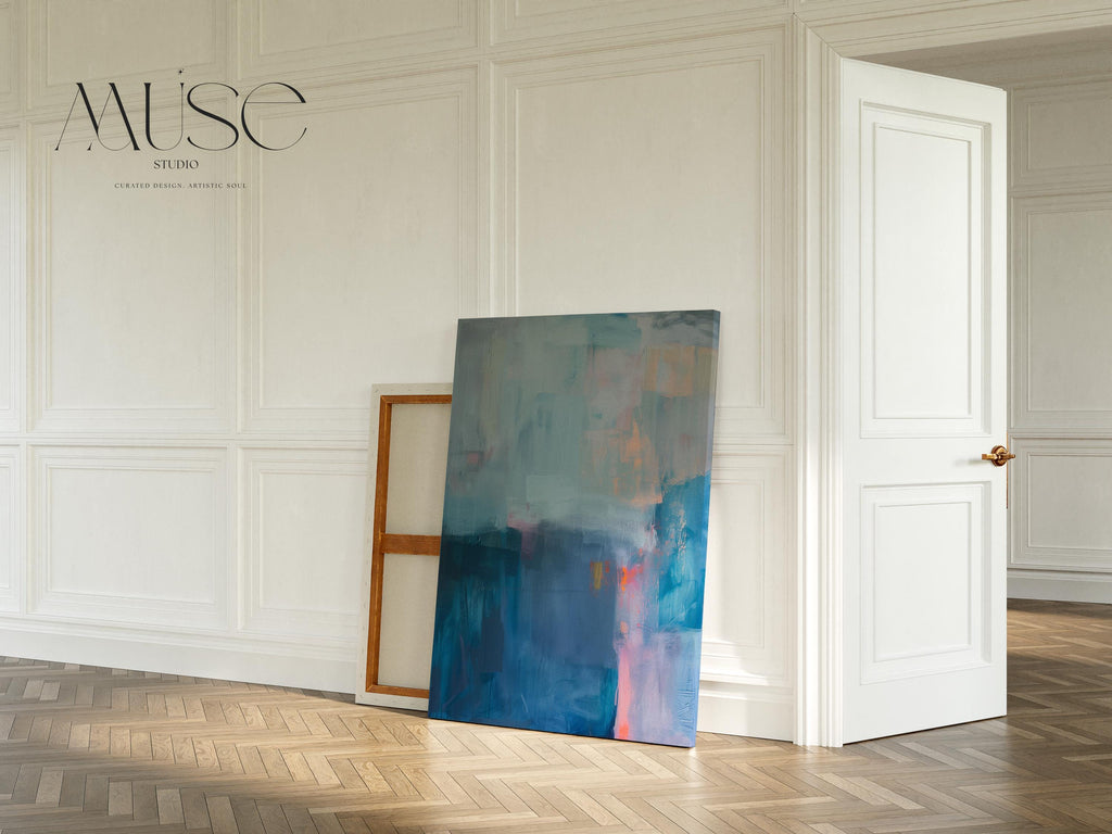 Modern Vertical Canvas Wall Art in Blue and Mauve Abstract Painting Print for Office or Living Room Soft Moody Decor Curated Interiors 262