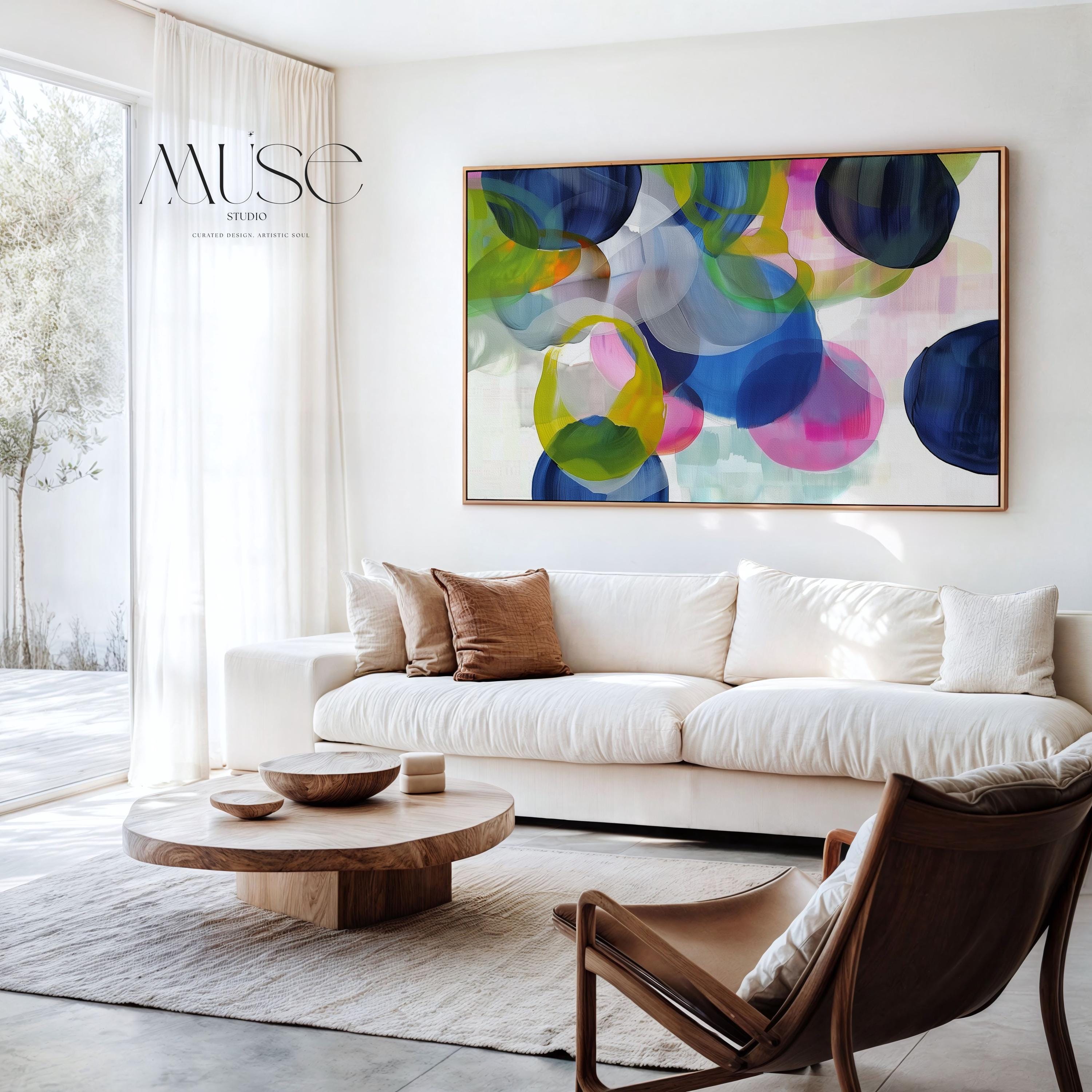 Colorful Abstract Wall Art in Navy Blue Green Pink and Lemon Modern Horizontal Canvas Painting for Living Room or Bedroom Decor |  378 Framed Canvas Art Colorful abstract wall art on framed canvas, perfect for bold decor art and modern wall decor. Large statement piece with expressive brushstrokes and rich textures. Ready-to-hang giclée canvas designed to energize living rooms, offices, and curated interiors. Muse Studio Decor Art.
