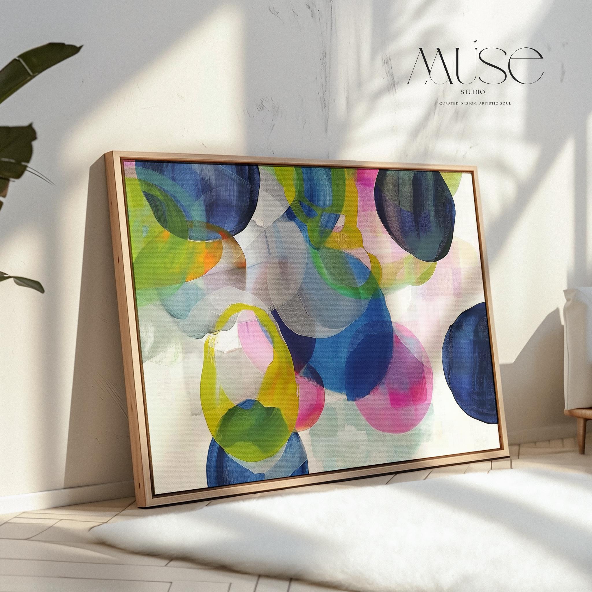 Colorful Abstract Wall Art in Navy Blue Green Pink and Lemon Modern Horizontal Canvas Painting for Living Room or Bedroom Decor | 378