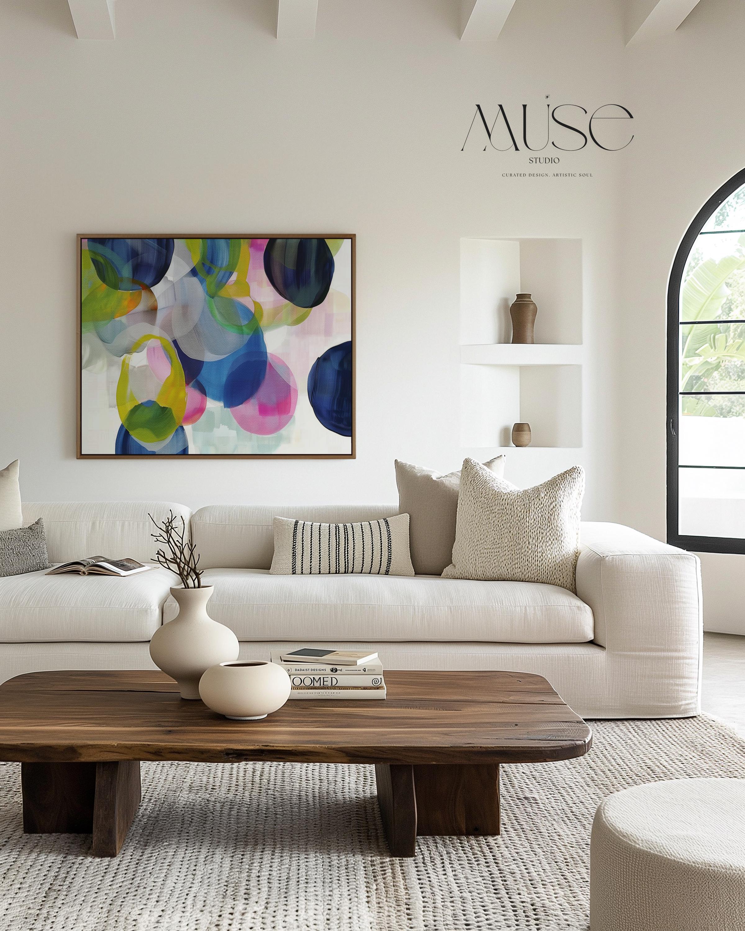 Colorful Abstract Wall Art in Navy Blue Green Pink and Lemon Modern Horizontal Canvas Painting for Living Room or Bedroom Decor |  378 Framed Canvas Art Colorful abstract wall art on framed canvas, perfect for bold decor art and modern wall decor. Large statement piece with expressive brushstrokes and rich textures. Ready-to-hang giclée canvas designed to energize living rooms, offices, and curated interiors. Muse Studio Decor Art.