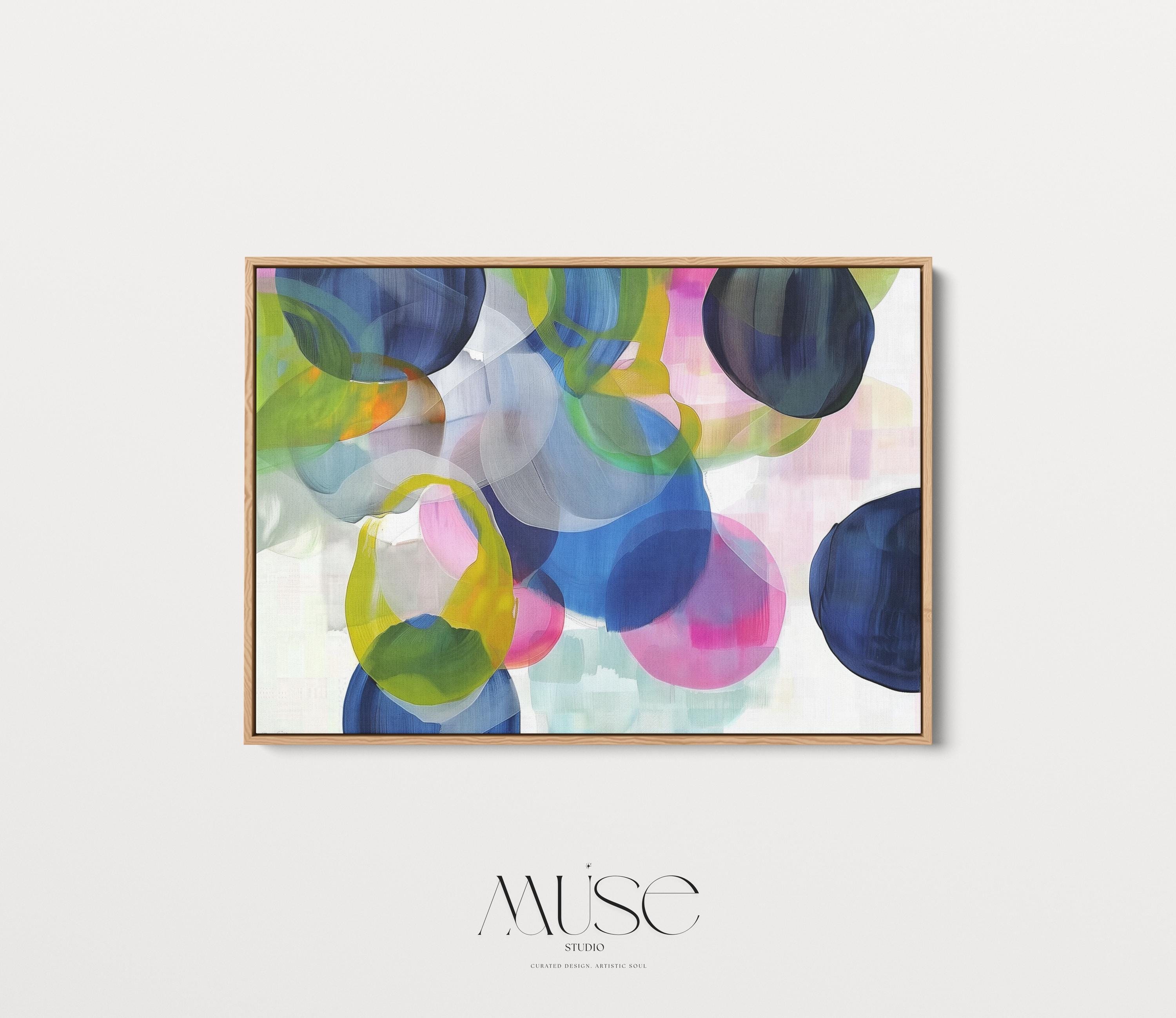 Colorful Abstract Wall Art in Navy Blue Green Pink and Lemon Modern Horizontal Canvas Painting for Living Room or Bedroom Decor | 378
