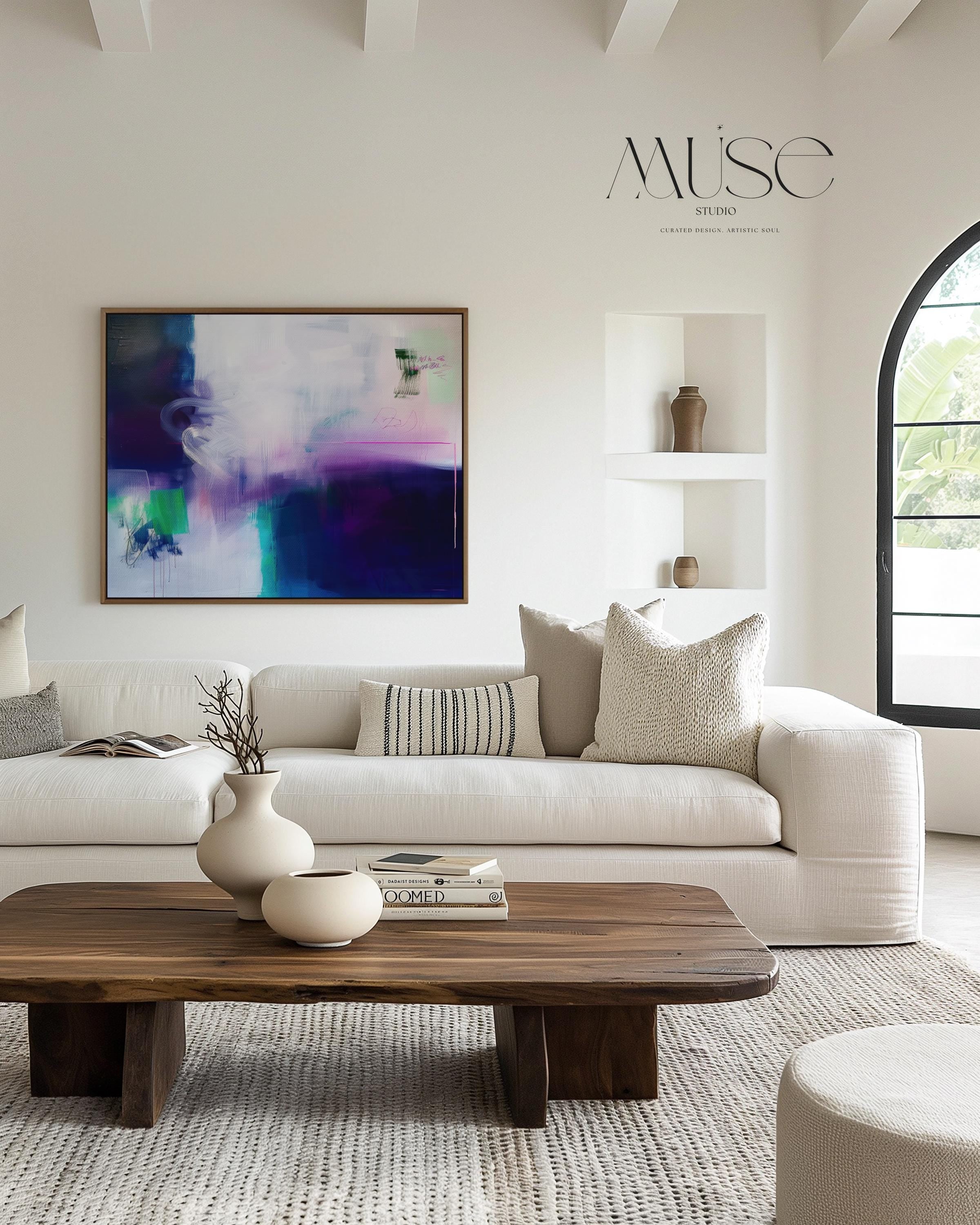 Soft Abstract Wall Art in Navy Blue Lavender and Mint Green Modern Horizontal Canvas Painting for Living Room or Bedroom Decor | 325