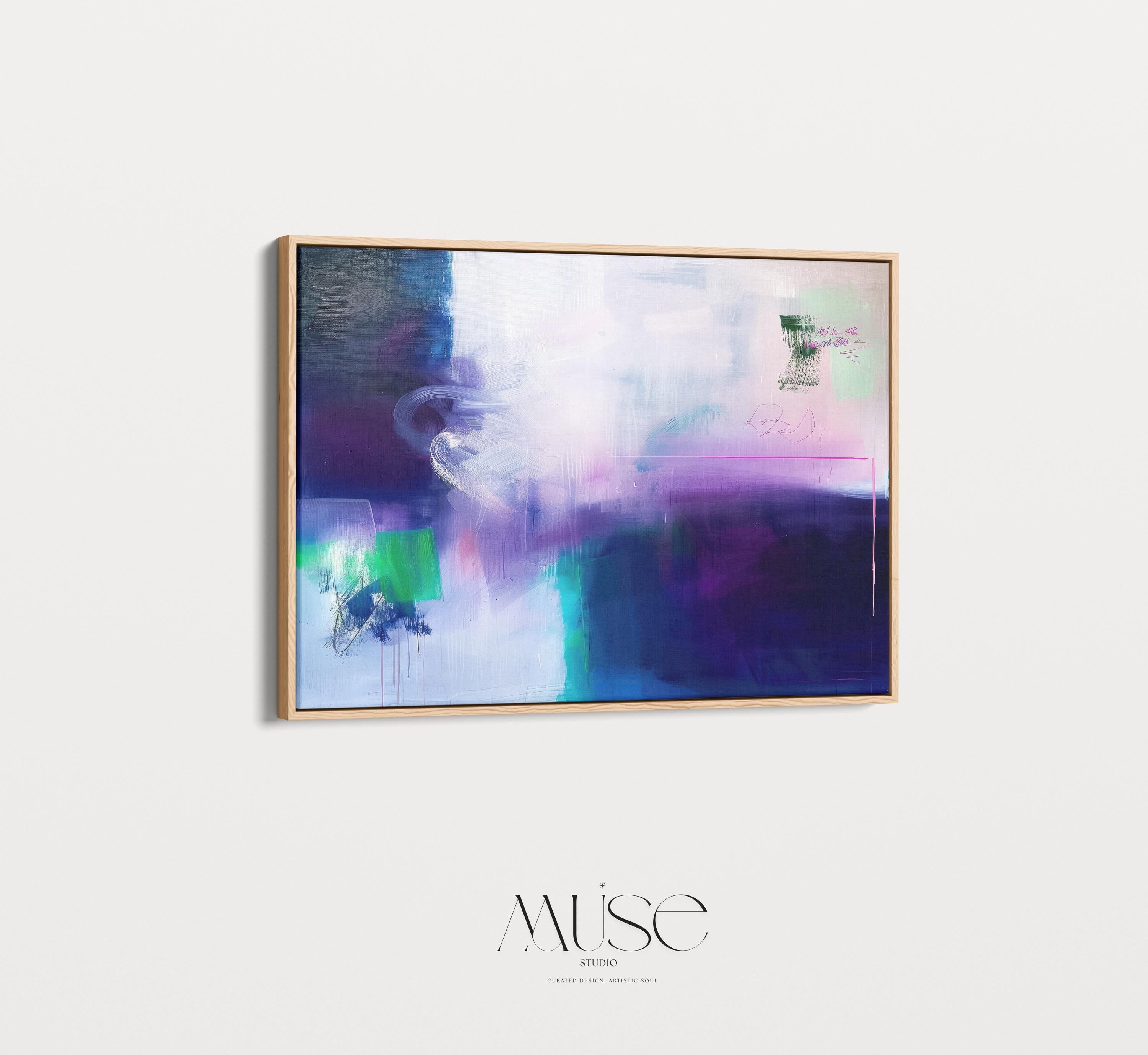 Soft Abstract Wall Art in Navy Blue Lavender and Mint Green Modern Horizontal Canvas Painting for Living Room or Bedroom Decor | 325