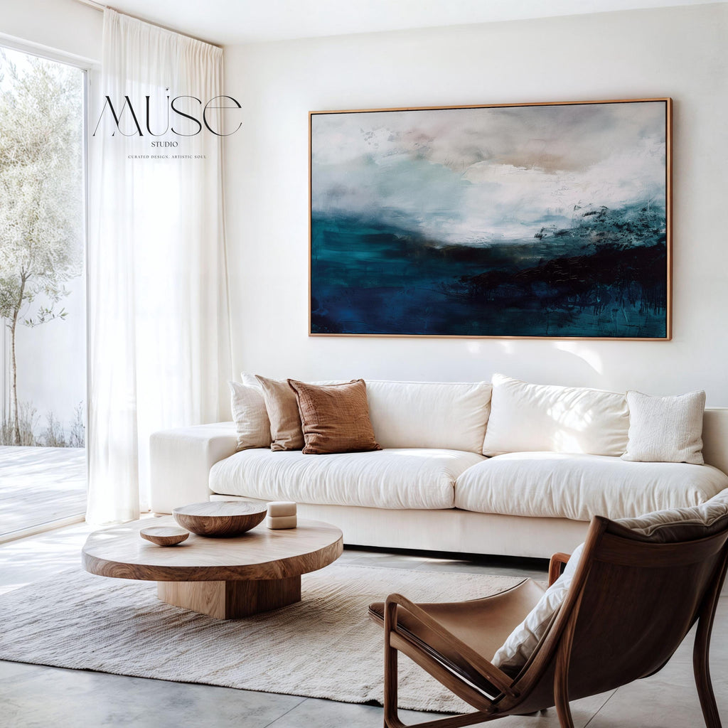 Coastal Abstract Wall Art in Deep Blue Teal and Sandy Beige Modern Horizontal Canvas Painting for Living Room or Bedroom Decor | 330
