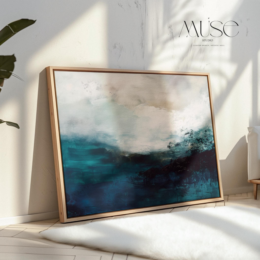 Coastal Abstract Wall Art in Deep Blue Teal and Sandy Beige Modern Horizontal Canvas Painting for Living Room or Bedroom Decor | 330
