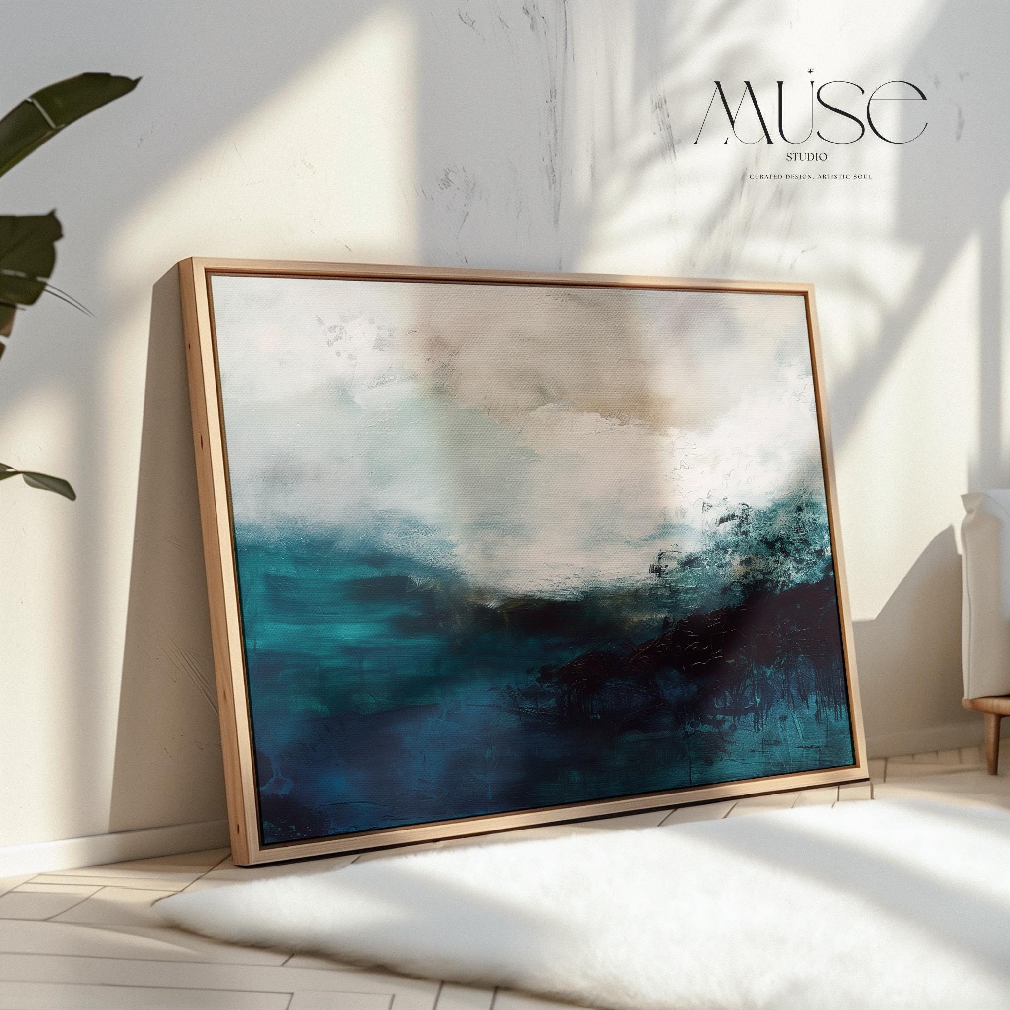 Coastal Abstract Wall Art in Deep Blue Teal and Sandy Beige Modern Horizontal Canvas Painting for Living Room or Bedroom Decor | 330