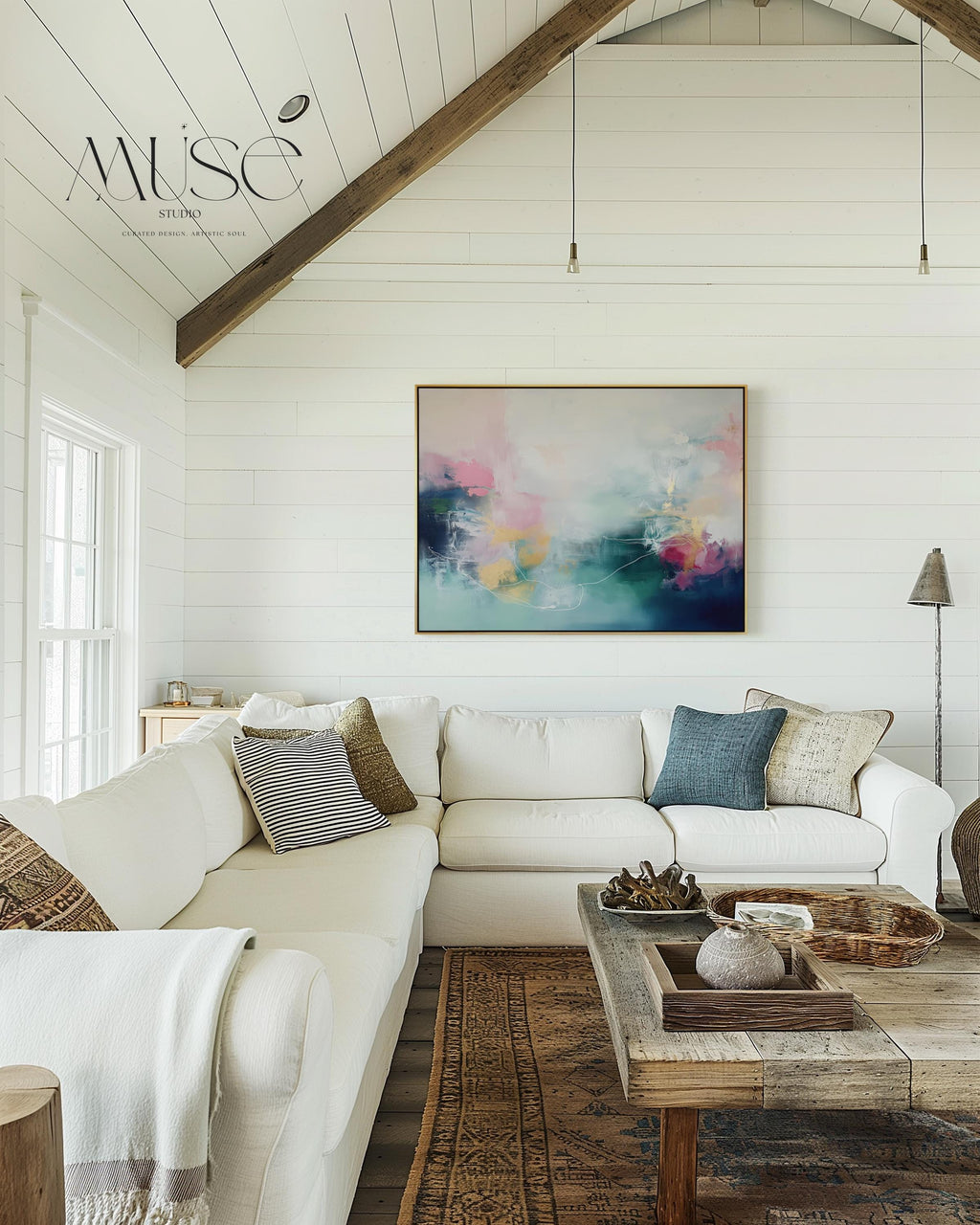 Soft Abstract Wall Art in Blush Pink Teal and Navy Modern Horizontal Canvas Painting for Living Room Bedroom or Office Decor | 202 Framed Canvas Art Colorful abstract wall art on framed canvas, perfect for bold decor art and modern wall decor. Large statement piece with expressive brushstrokes and rich textures. Ready-to-hang giclée canvas designed to energize living rooms, offices, and curated interiors. Muse Studio Decor Art.