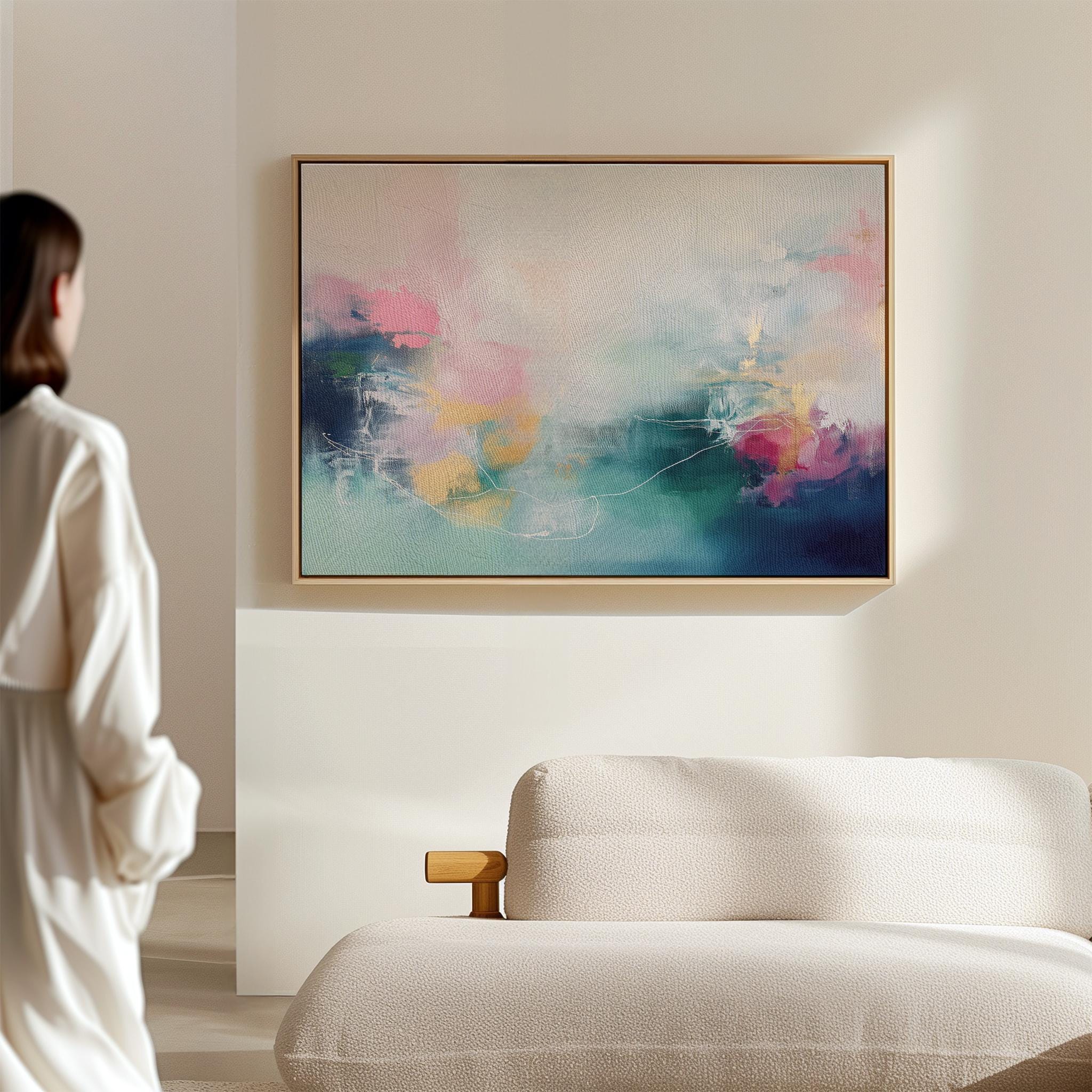 Soft Abstract Wall Art in Blush Pink Teal and Navy Modern Horizontal Canvas Painting for Living Room Bedroom or Office Decor | 202 Framed Canvas Art Colorful abstract wall art on framed canvas, perfect for bold decor art and modern wall decor. Large statement piece with expressive brushstrokes and rich textures. Ready-to-hang giclée canvas designed to energize living rooms, offices, and curated interiors. Muse Studio Decor Art.