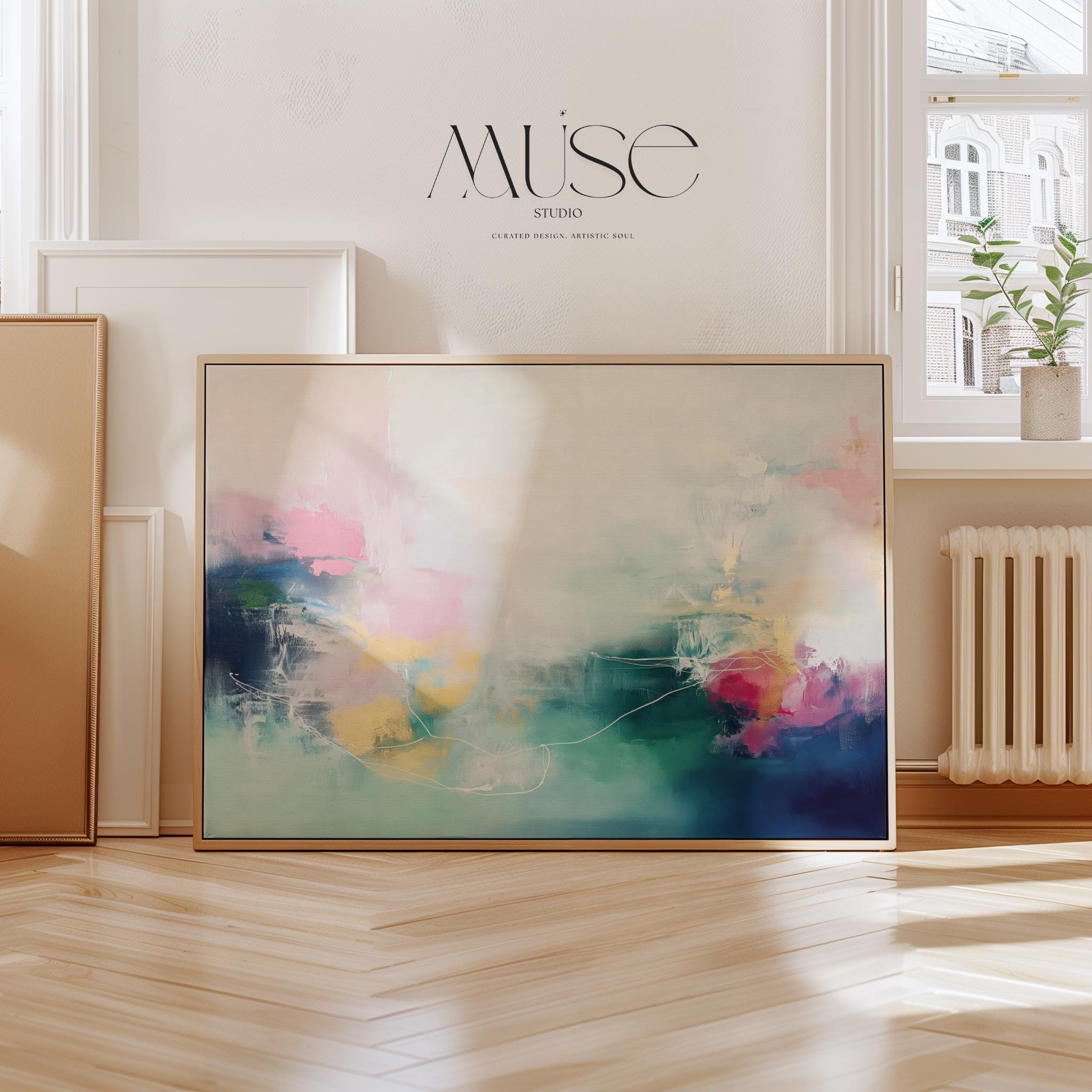 Soft Abstract Wall Art in Blush Pink Teal and Navy Modern Horizontal Canvas Painting for Living Room Bedroom or Office Decor | 202 Framed Canvas Art Colorful abstract wall art on framed canvas, perfect for bold decor art and modern wall decor. Large statement piece with expressive brushstrokes and rich textures. Ready-to-hang giclée canvas designed to energize living rooms, offices, and curated interiors. Muse Studio Decor Art.
