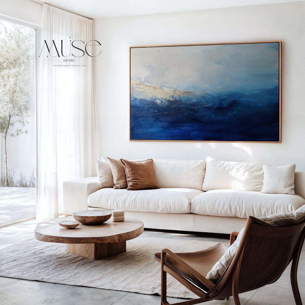 Coastal Abstract Wall Art in Navy Blue and Soft Sky Modern Large Canvas Painting for Living Room Bedroom or Office Decor | 347