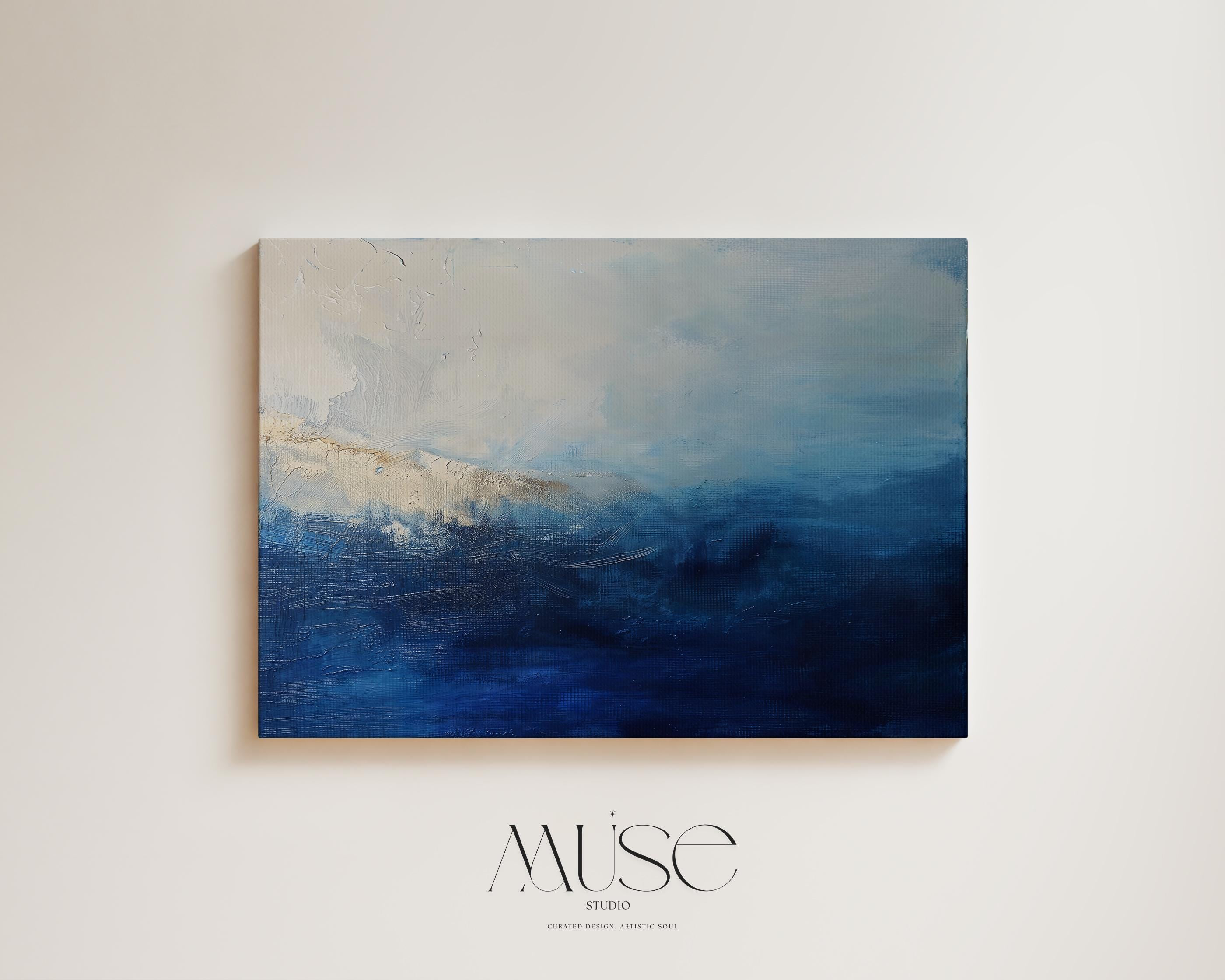 Coastal Abstract Wall Art in Navy Blue and Soft Sky Modern Large Canvas Painting for Living Room Bedroom or Office Decor | 347