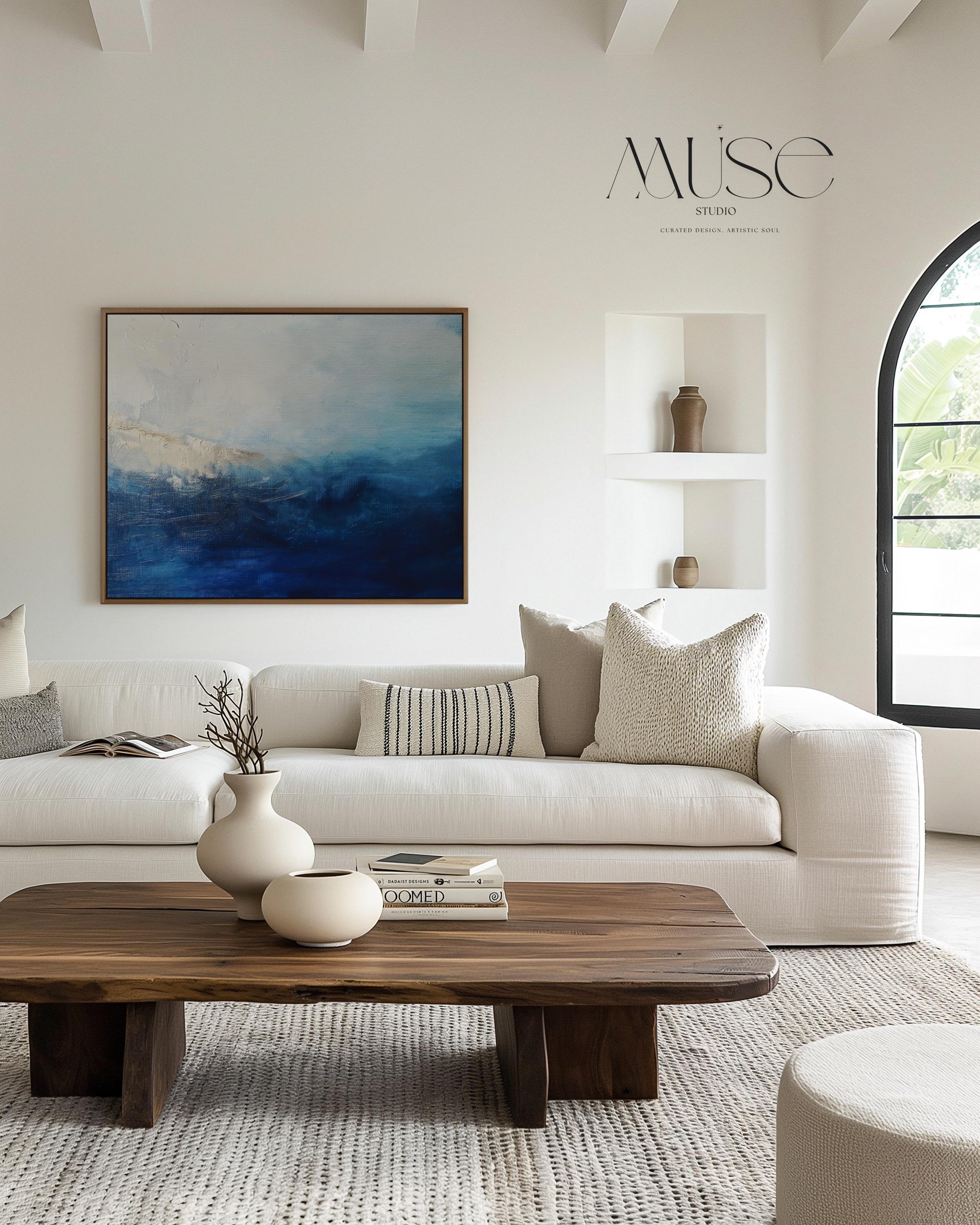 Coastal Abstract Wall Art in Navy Blue and Soft Sky Modern Large Canvas Painting for Living Room Bedroom or Office Decor | 347